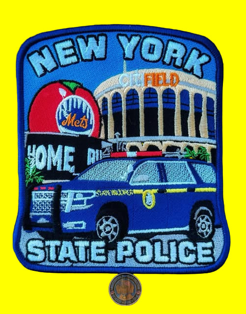 NEW YORK STATE STATE POLICE (NYSP) DEPARTMENT 5.5 INCH NEW YORK METS CITI-FIELD EMBROIDERED TRIBUTE PATCH BY UNDERDOG PATCH DESIGNS.