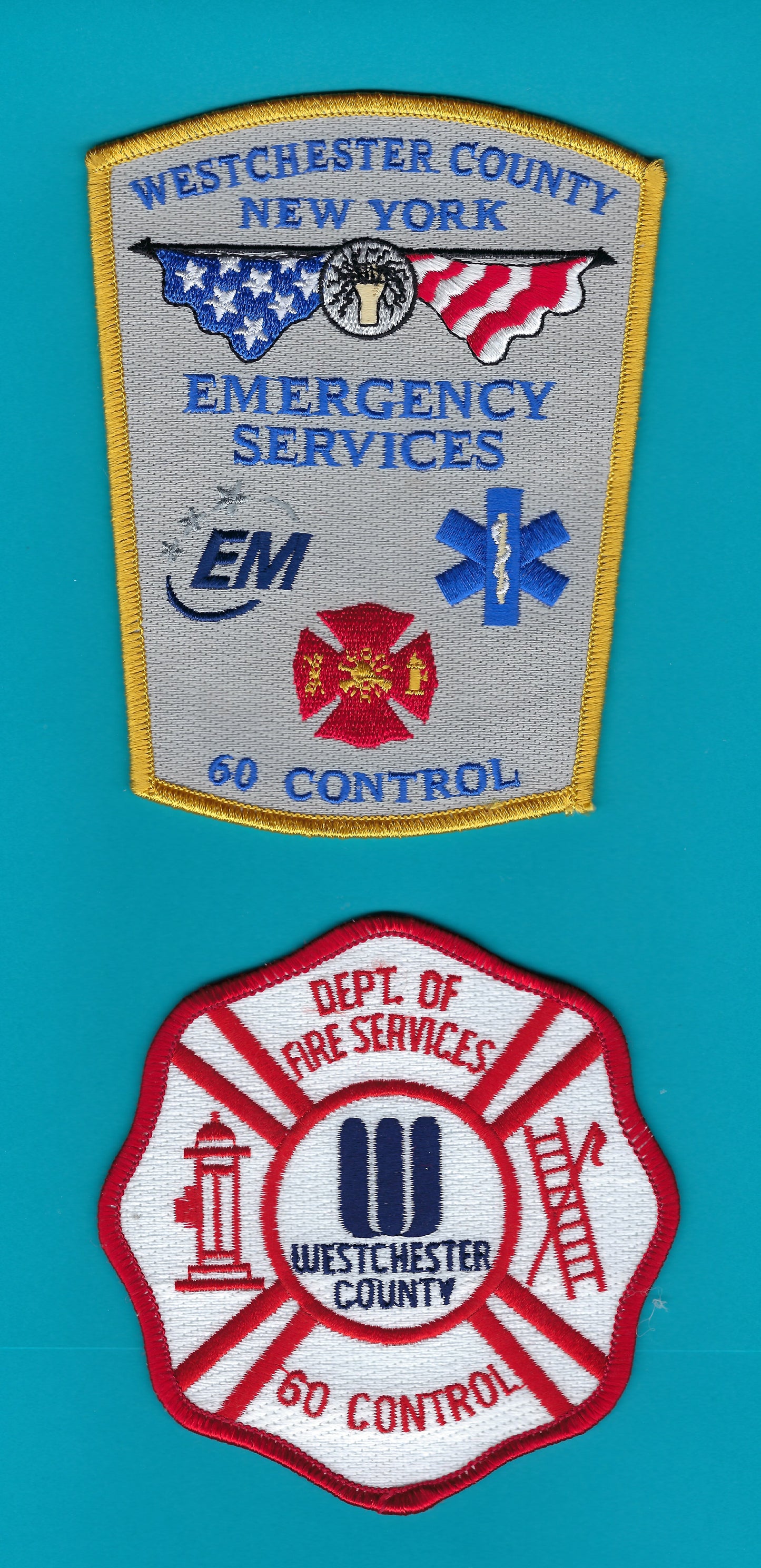WESTCHESTER COUNTY, NEW YORK DEPARTMENT OF FIRE SERVICES ( 60 CONTROL ) EMBROIDERED PATCH SET A BY PUBLIC SAFETY COLLECTIBLES.