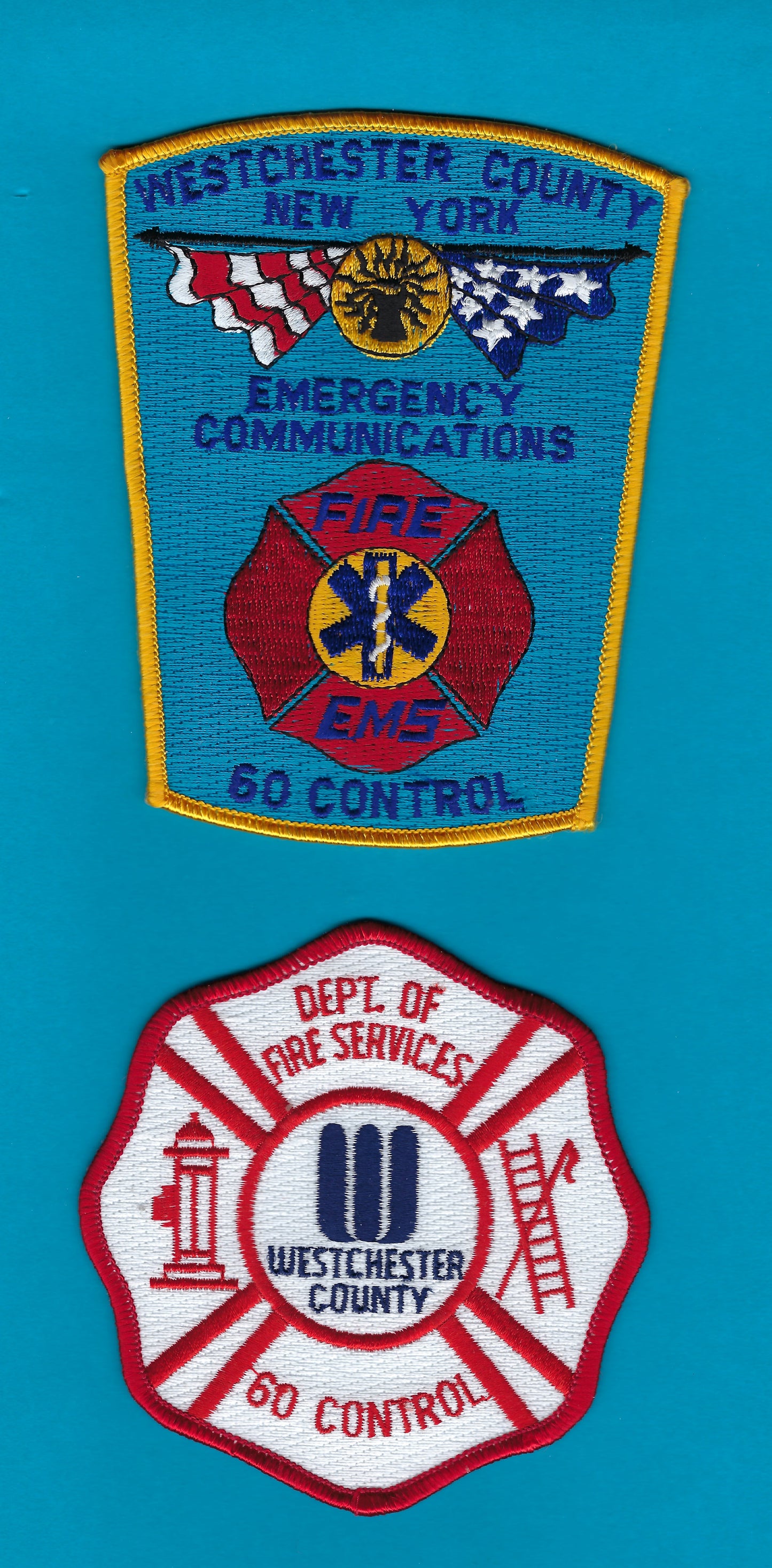 WESTCHESTER COUNTY, NEW YORK DEPARTMENT OF FIRE SERVICES ( 60 CONTROL ) EMBROIDERED PATCH SET B BY PUBLIC SAFETY COLLECTIBLES.