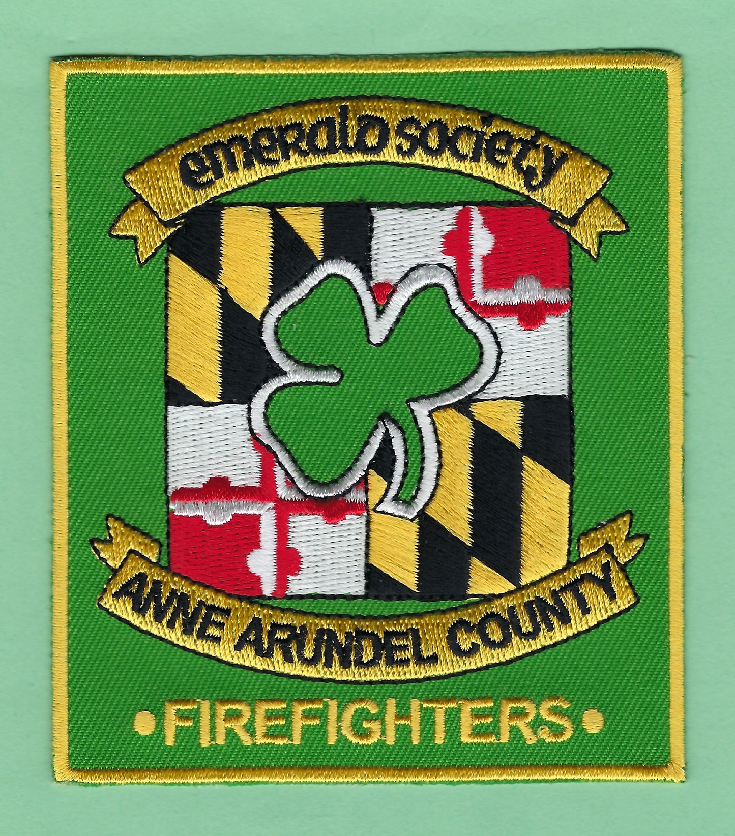 ANNE ARUNDEL COUNTY, MARYLAND FIREFIGHTERS EMERALD SOCIETY EMBROIDERED PATCH DESIGNED AND PRODUCED BY PUBLIC SAFETY COLLECTIBLES.