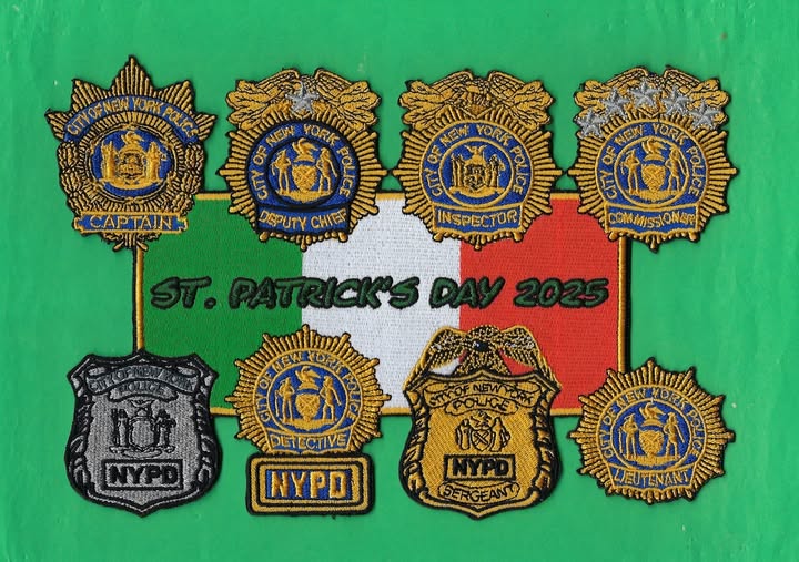NEW YORK CITY POLICE DEPARTMENT (NYPD) 'SAINT PATRICK'S DAY 2025' EMBROIDERED 10-INCH x 7-INCH PATCH BY UNDERDOG PATCH DESIGNS.