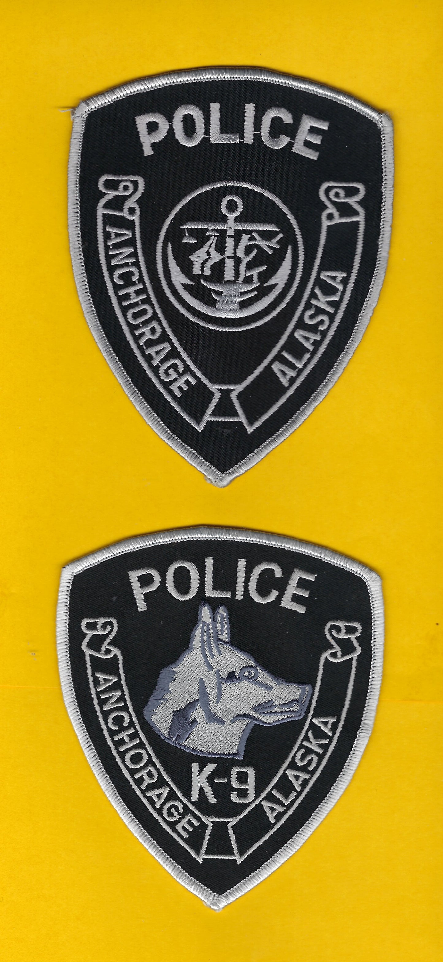 ANCHORAGE, ALASKA POLICE DEPARTMENT 5-INCH AND 4.5 INCH 'K-9 UNIT' SUBDUED EMBROIDERED PATCHES BY PUBLIC SAFETY COLLECTIBLES.