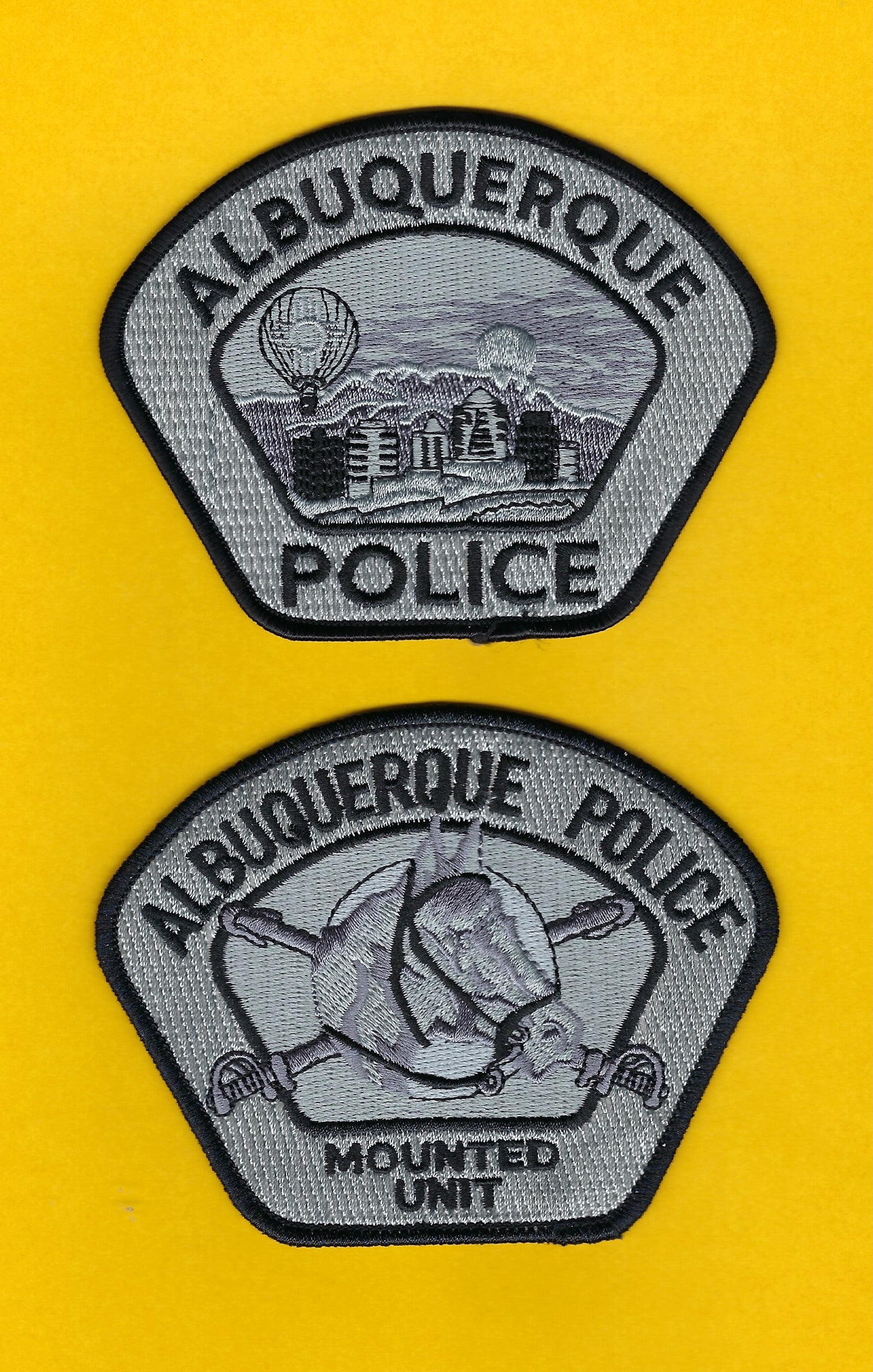 ALBUQUERQUE, NEW MEXICO POLICE DEPARTMENT 3.5 INCH x 4.5 INCH 'MOUNTED UNIT' SUBDUED EMBROIDERED PATCHES BY PUBLIC SAFETY COLLECTIBLES.