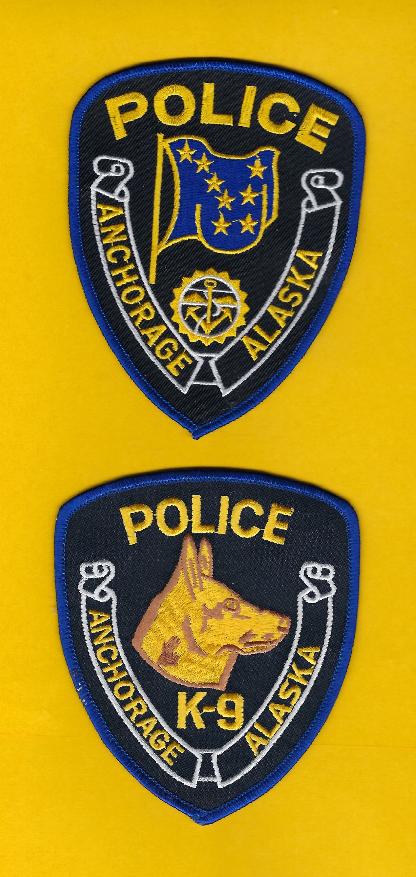 ANCHORAGE, ALASKA POLICE DEPARTMENT 5-INCH AND 4-INCH 'K-9 UNIT' EMBROIDERED PATCHES BY PUBLIC SAFETY COLLECTIBLES.