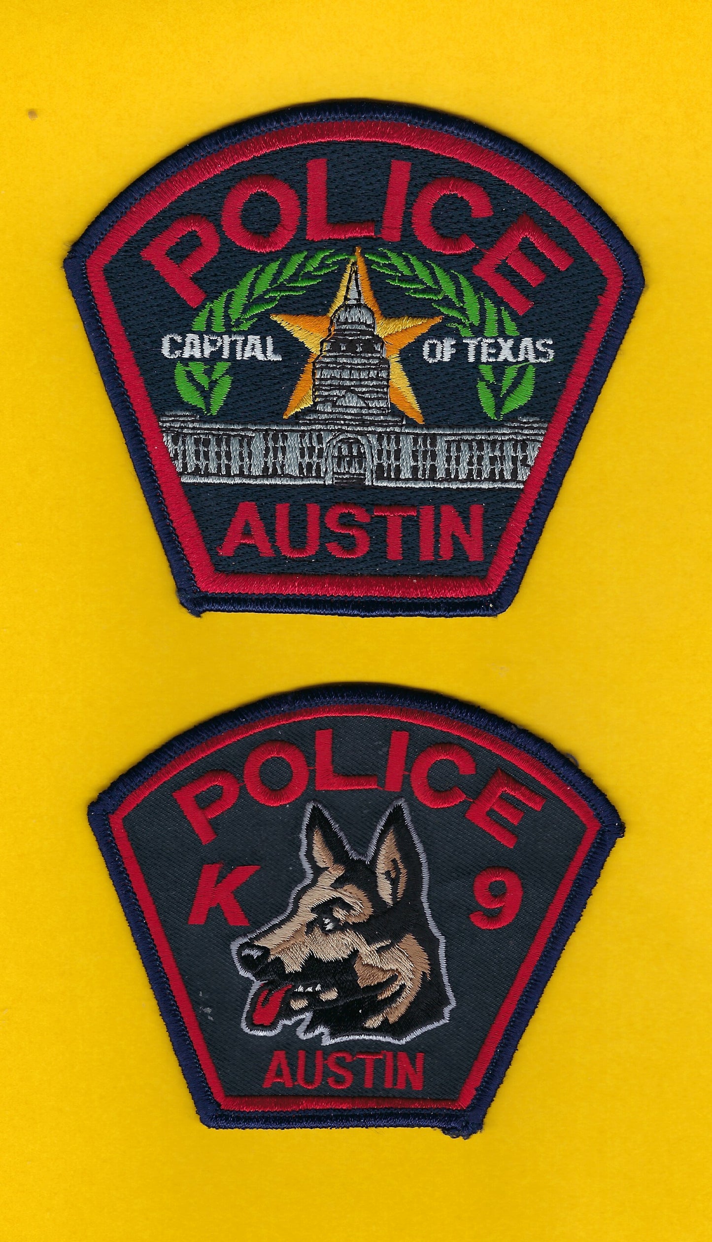 AUSTIN, TEXAS POLICE DEPARTMENT 4-INCH AND 3.5 INCH 'K-9 UNIT' EMBROIDERED PATCHES BY PUBLIC SAFETY COLLECTIBLES.