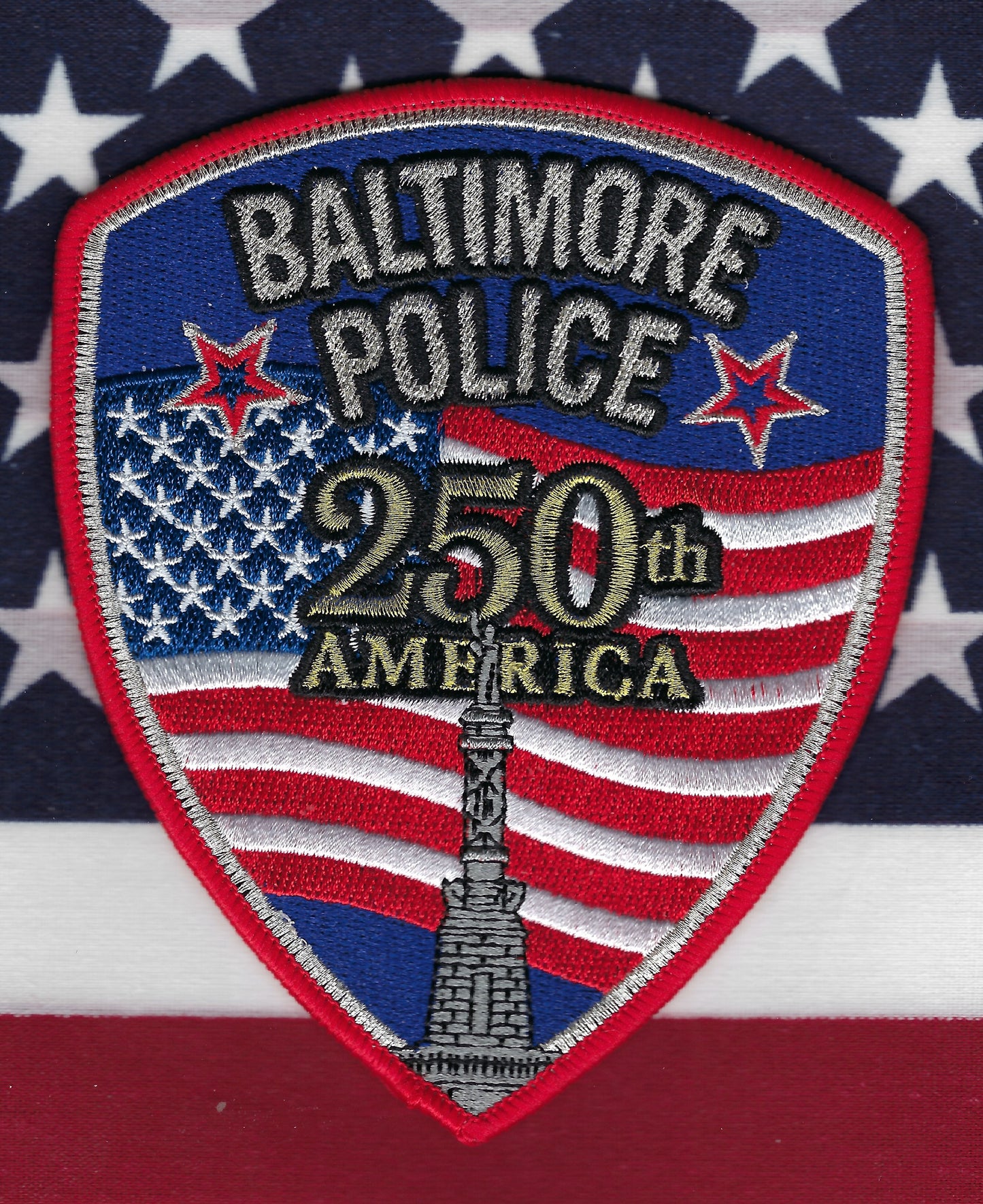 BALTIMORE CITY, MARYLAND POLICE DEPARTMENT '250th ANNIVERSARY OF AMERICA' EMBROIDERED PATCH BY GHOST PATCH ENTERPRISES.;