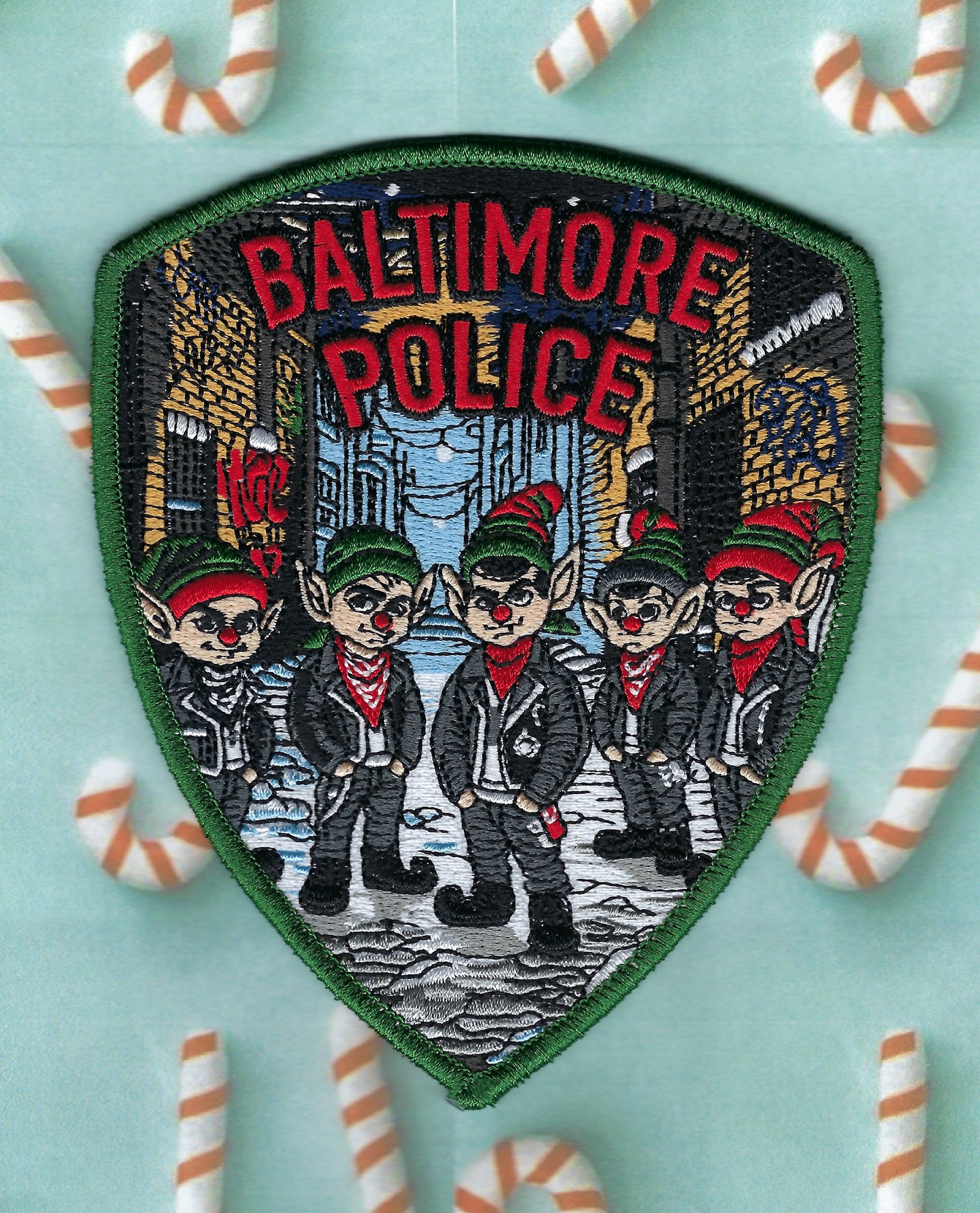 BALTIMORE CITY, MARYLAND POLICE DEPARTMENT 'CHRISTMAS ELF GANG' EMBROIDERED CHRISTMAS PATCH BY GHOST PATCH ENTERPRISES.