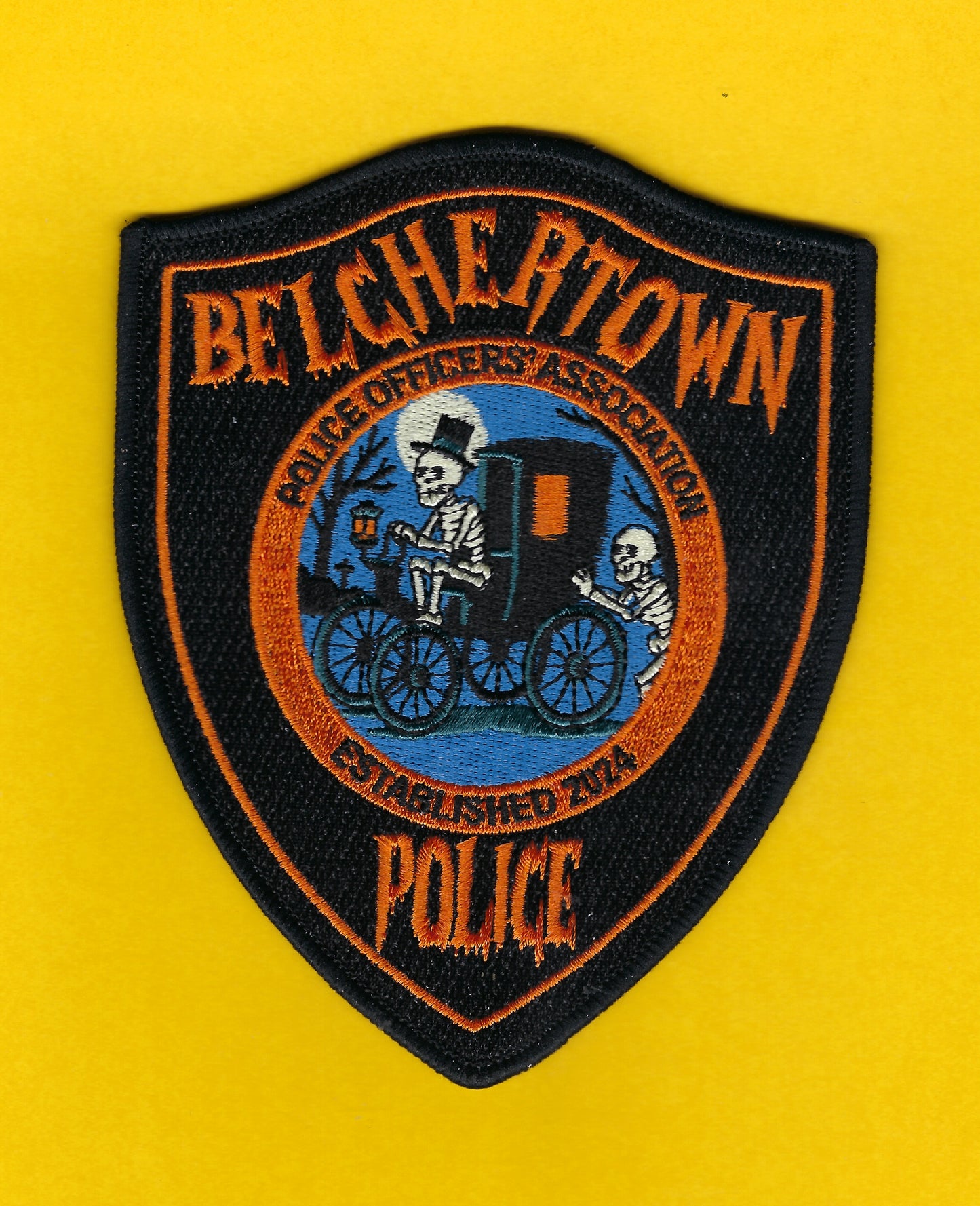 BELCHERTOWN, MASSACHUSETTS POLICE DEPARTMENT 2025 EMBROIDERED HALLOWEEN PATCH DESIGNED AND PRODUCED BY UNDERDOG PATCH DESIGNS.