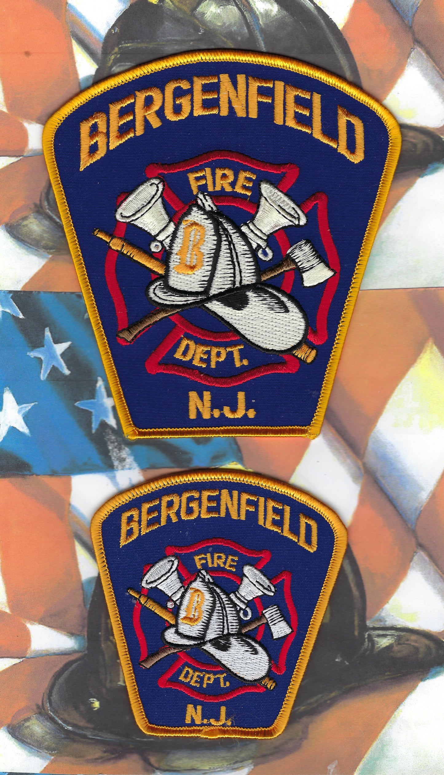BERGENFIELD, NEW JERSEY FIRE DEPARTMENT EMBROIDERED PATCH SET BY PUBLIC SAFETY COLLECTIBLES.