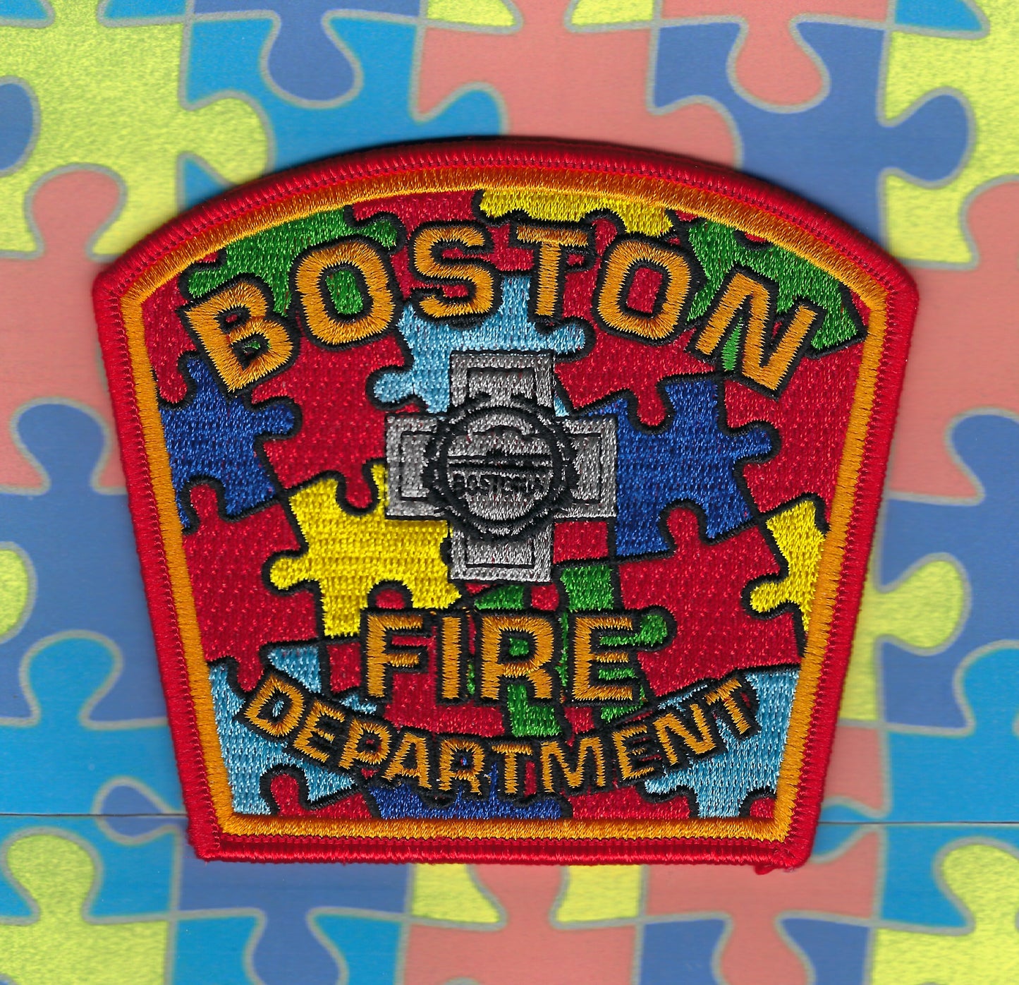 BOSTON, MASSACHUSETTS FIRE DEPARTMENT (BFD) AUTISM AWARENESS EMBROIDERED PATCH DESIGNED AND PRODUCED BY GHOST PATCH ENTERPRISES.