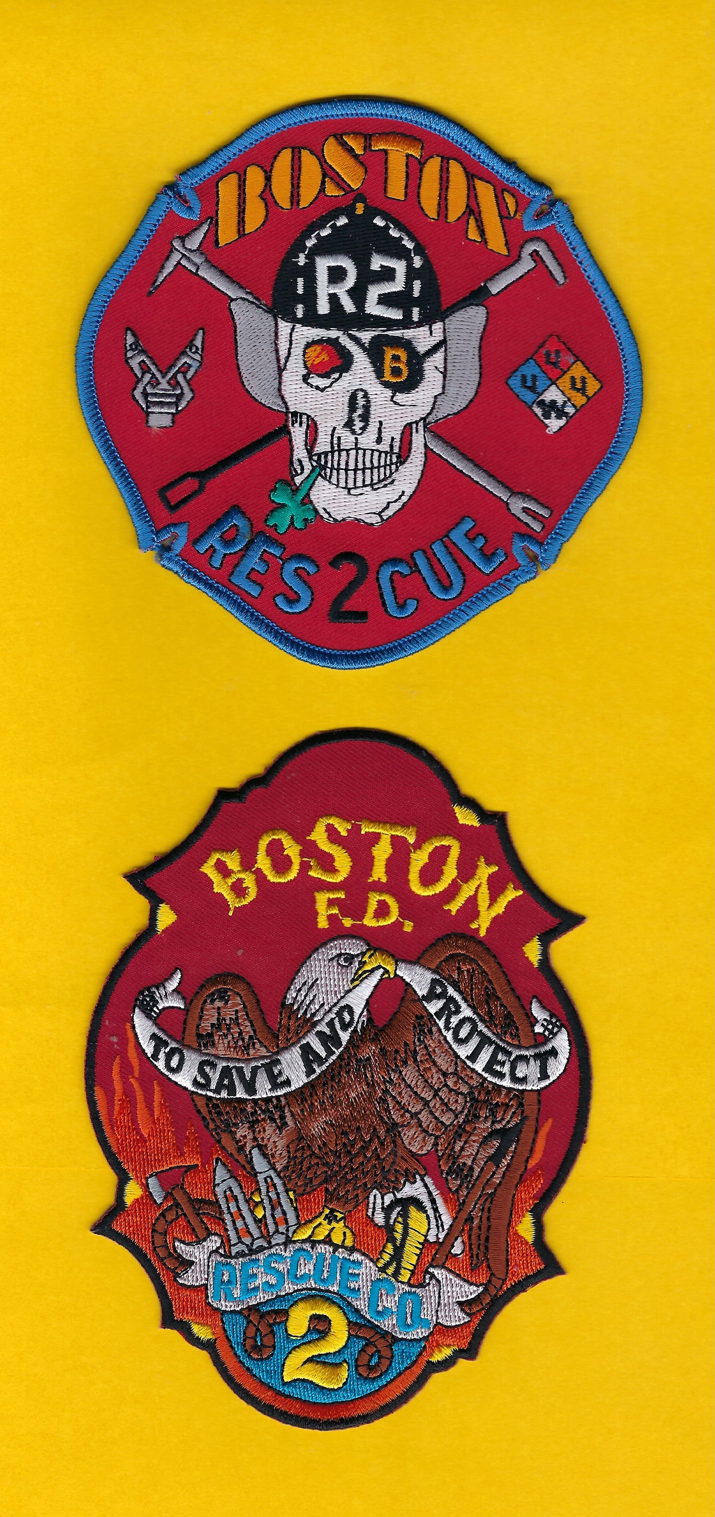 BOSTON, MASSACHUSETTS FIRE DEPARTMENT (BFD) RESCUE COMPANY 2 EMBROIDERED COMPANY PATCHES BY PUBLIC SAFETY COLLECTIBLES.