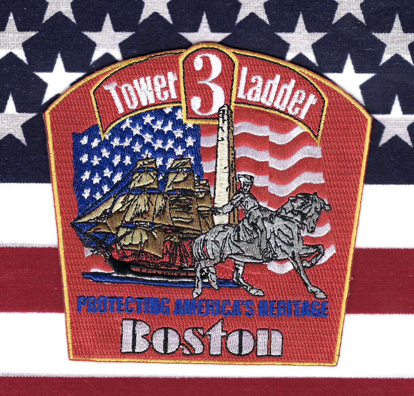 BOSTON, MASSACHUSETTS FIRE DEPARTMENT (BFD) TOWER LADDER 3 ( PROTECTING AMERICA'S HERITAGE ) EMBROIDERED COMPANY PATCH BY PUBLIC SAFETY COLLECTIBLES.