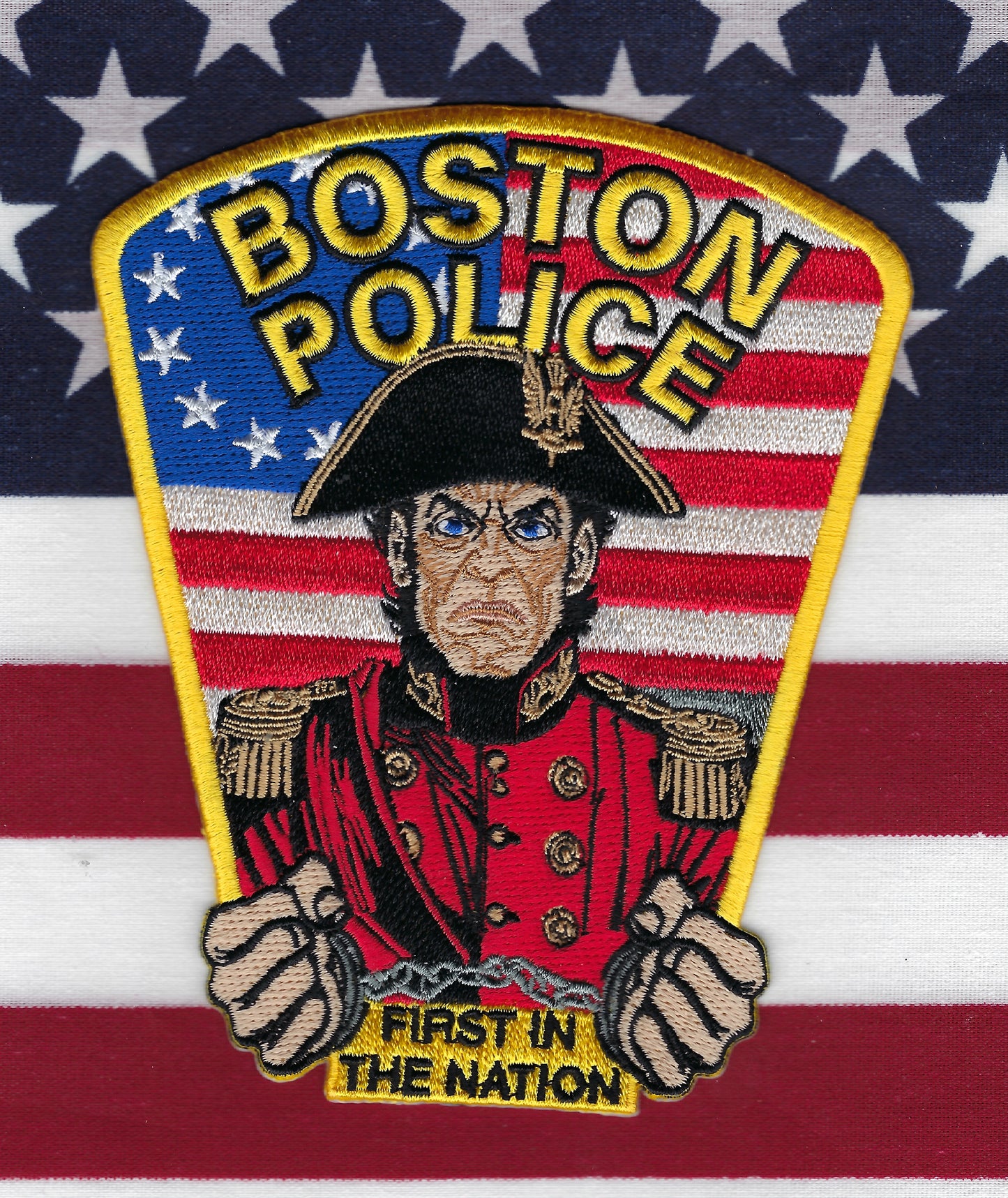 BOSTON, MASSACHUSETTS POLICE DEPARTMENT 'FIRST IN THE NATION' EMBROIDERED PATCH BY UNDERDOG PATCH PRODUCTIONS.