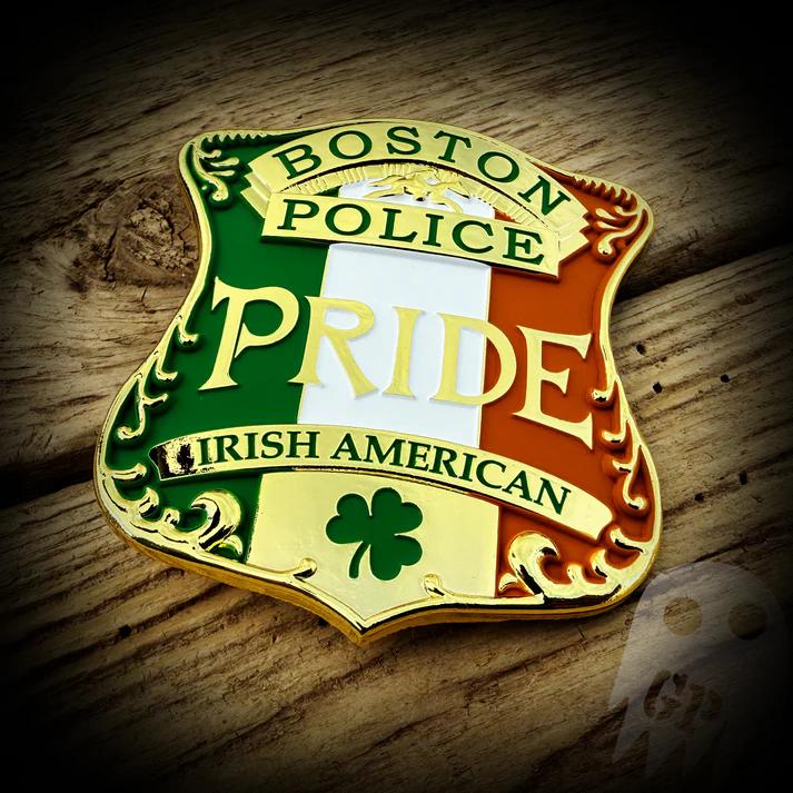 BOSTON, MASSACHUSETTS POLICE DEPARTMENT LIMITED EDITION SUPERIOR QUALITY 3-INCH METAL IRISH-AMERICAN POLICE OFFICER BADGE