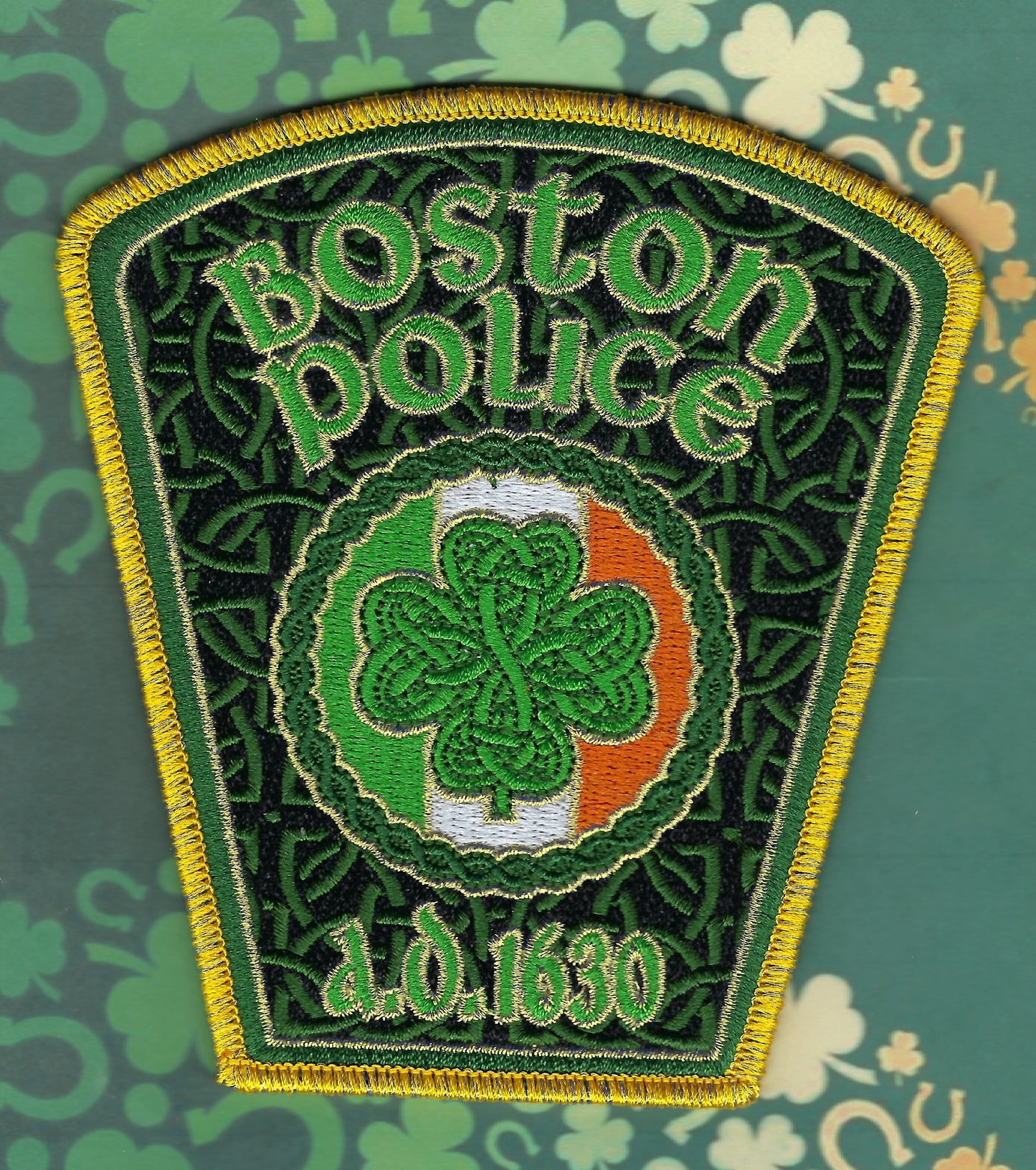 BOSTON, MASSACHUSETTS POLICE DEPARTMENT SAINT PATRICK'S DAY EMBROIDERED PATCH DESIGNED AND PRODUCED BY GHOST PATCH ENTERPRISES