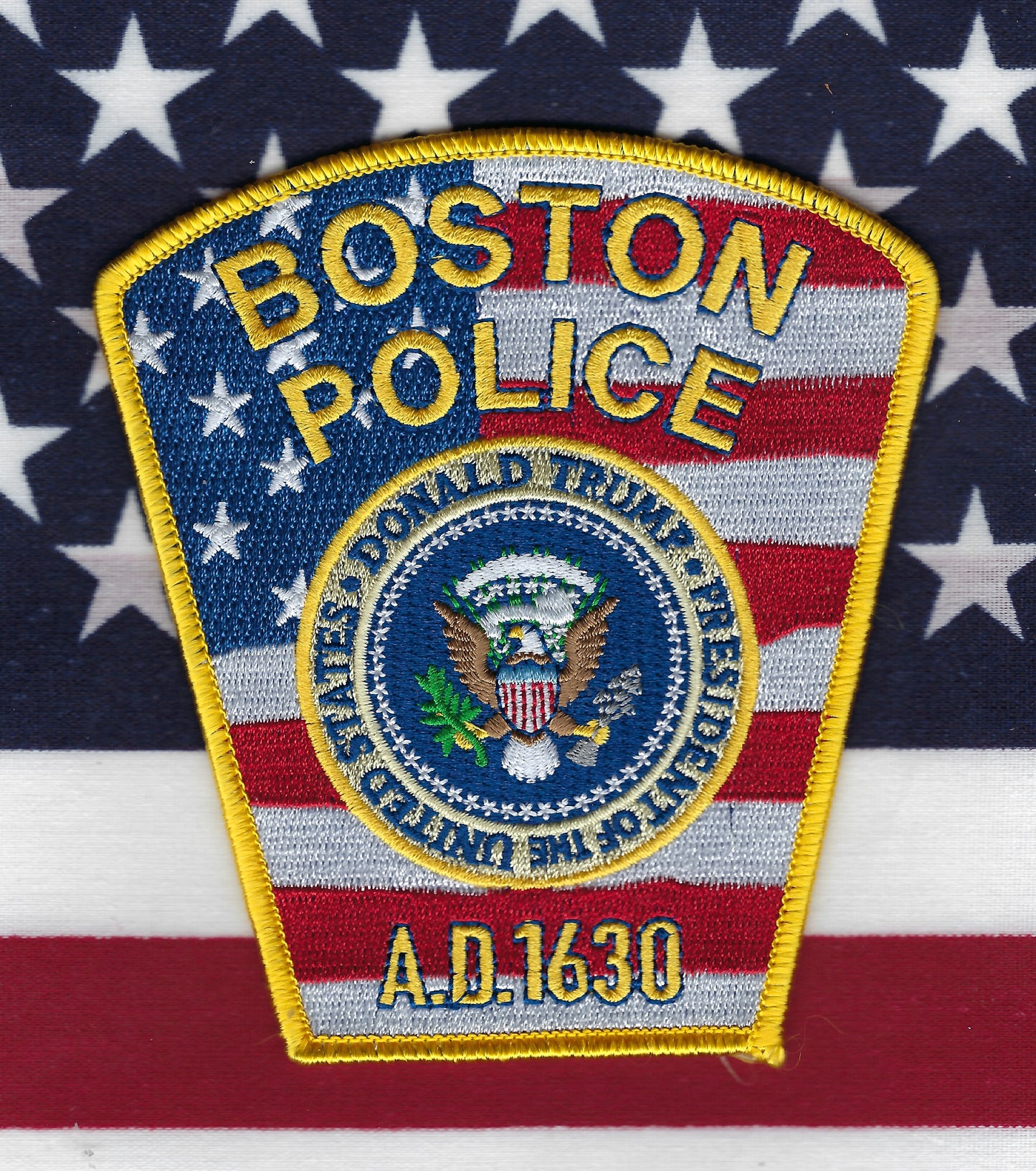 BOSTON, MASSACHUSETTS POLICE DEPARTMENT (BPD) DONALD J. TRUMP 2025 PRESIDENTIAL INAUGURATION EMBROIDERED PATCH DESIGNED AND PRODUCED BY DIRTY WATER COLLECTIBLES.