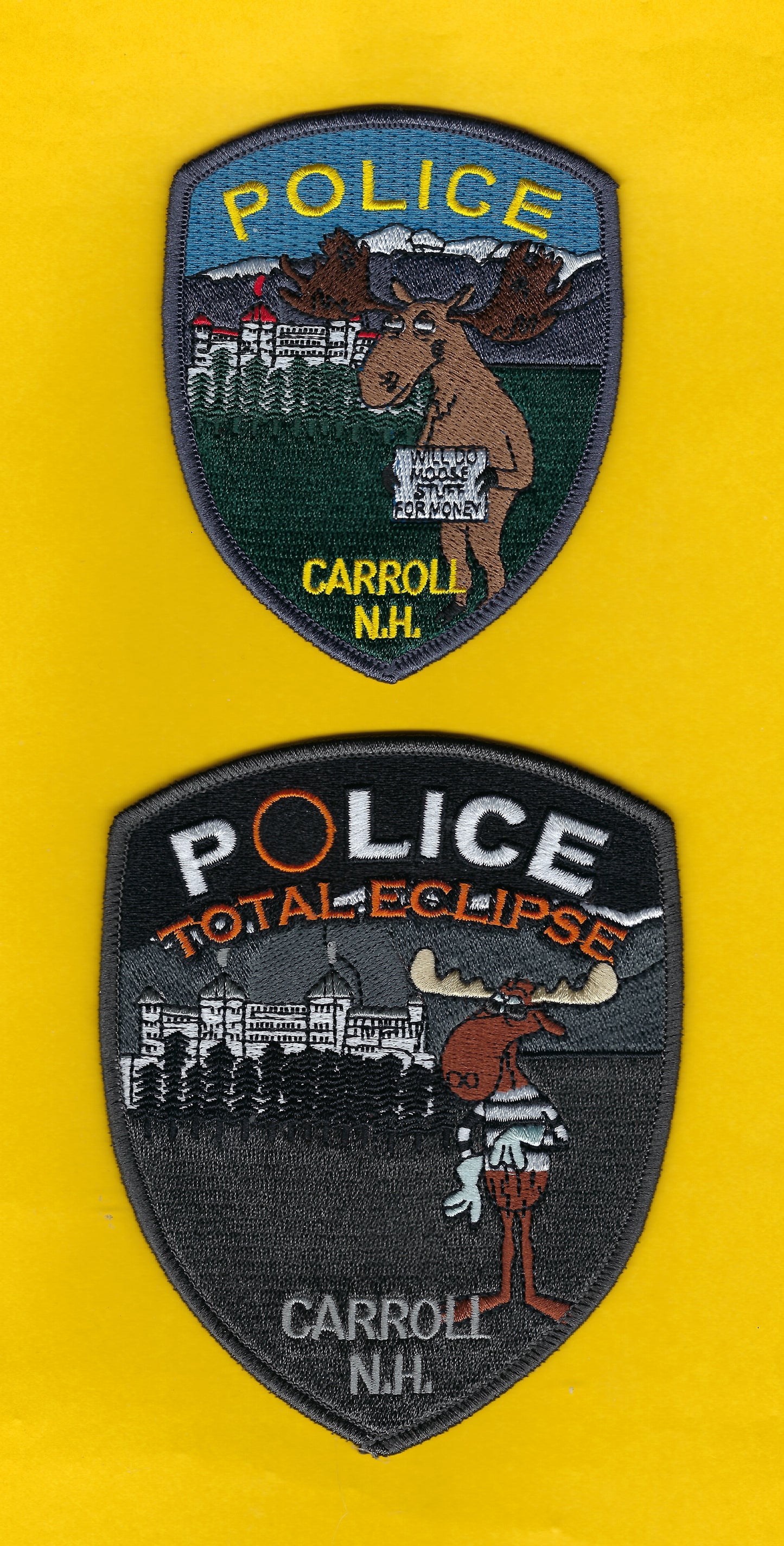 CARROLL, NEW HAMPSHIRE POLICE DEPARTMENT EMBROIDERED PATCH SET DESIGNED AND PRODUCED BY GHOST PATCH PRODUCTIONS.