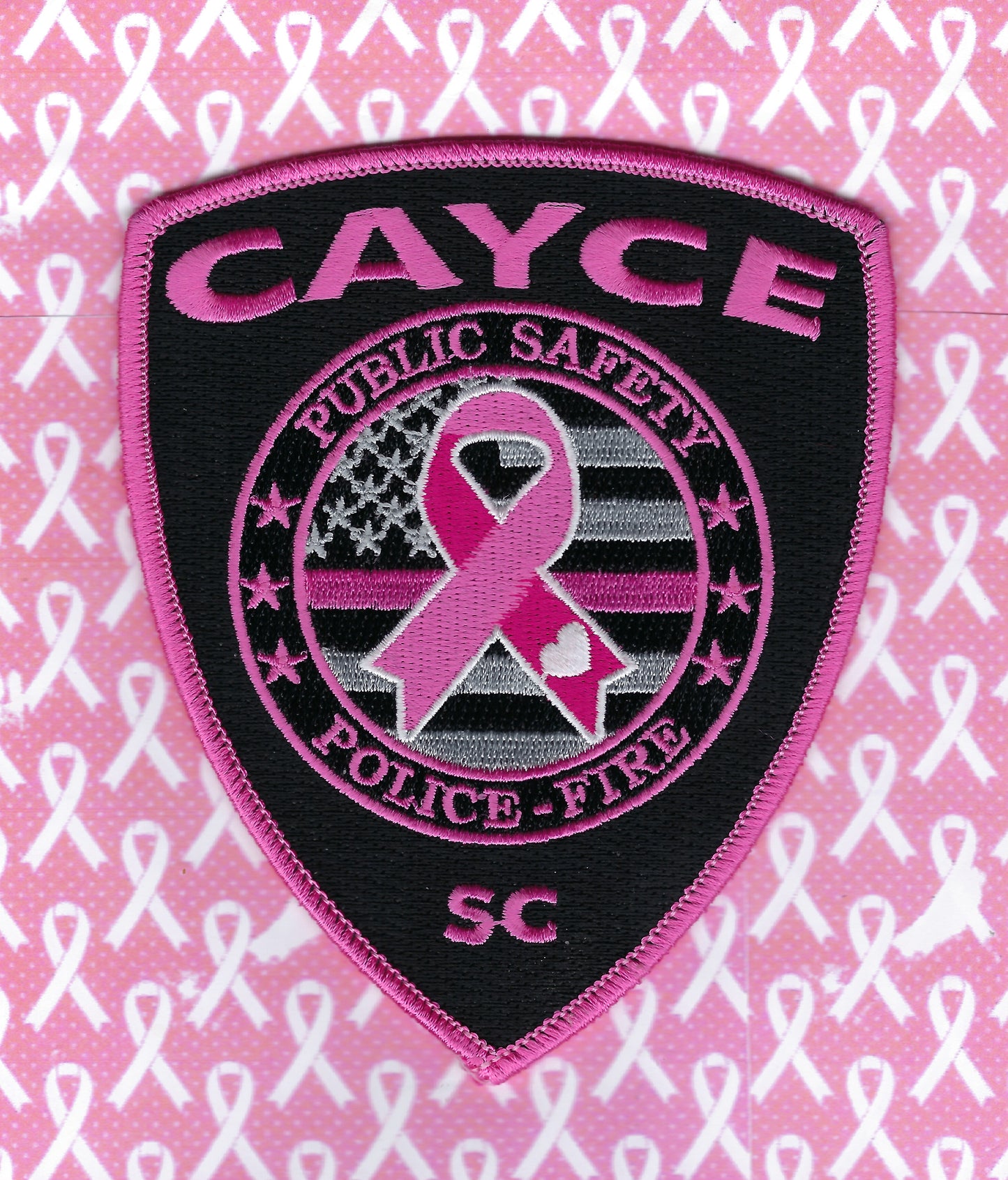 CAYCE, SOUTH CAROLINA PUBLIC SAFETY DEPARTMENT 4.75 INCH 'BREAST CANCER AWARENESS' EMBROIDERED PATCH BY PUBLIC SAFETY COLLECTIBLES.