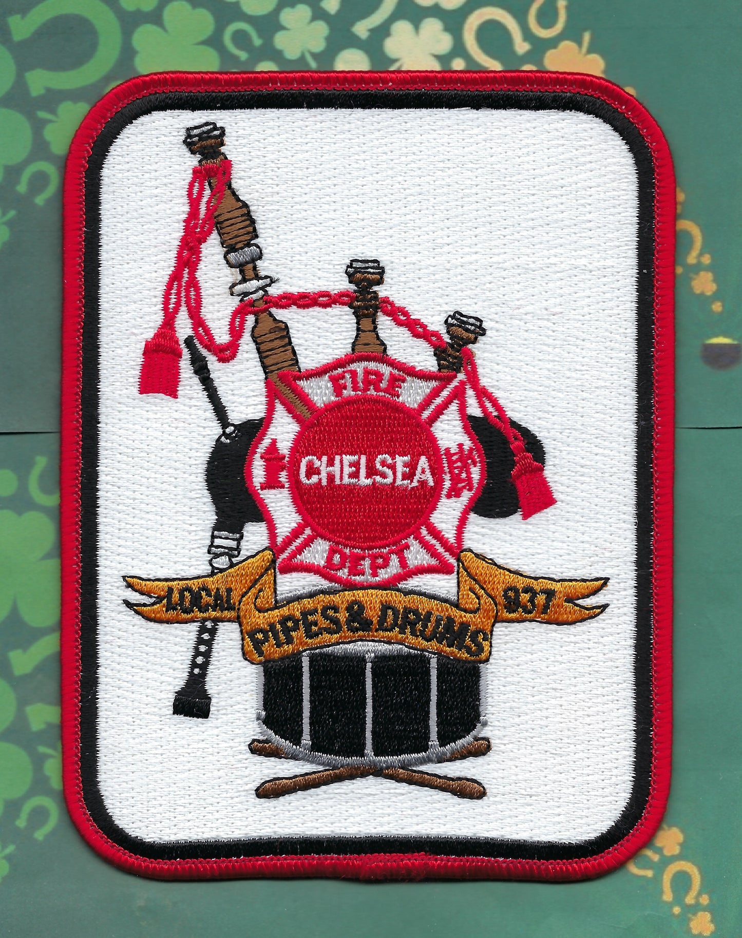 CHELSEA, MASSACHUSETTS FIRE DEPARTMENT LOCAL 937 PIPES AND DRUMS EMBROIDERED PATCH BY PUBLIC SAFETY COLLECTIBLES.