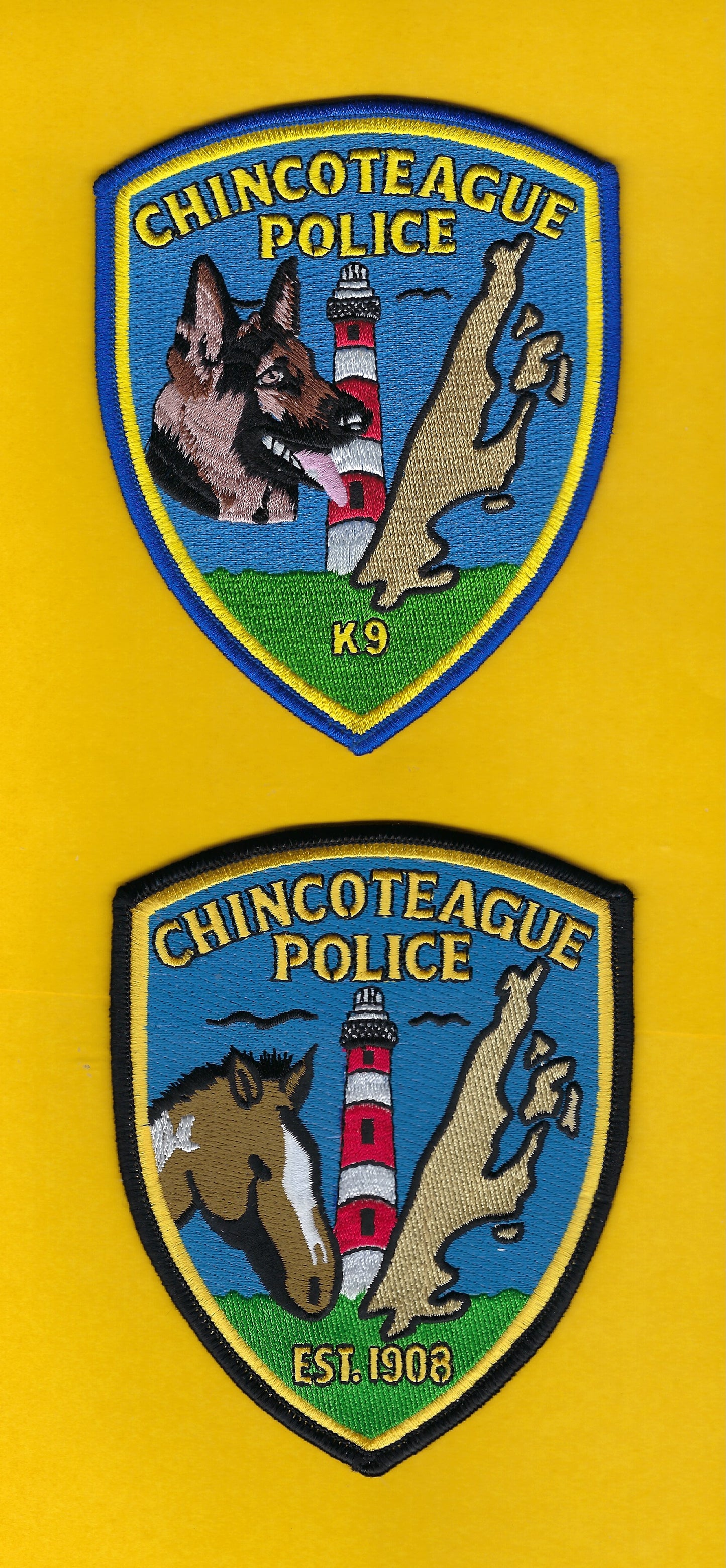 CHINCOTEAGUE, VIRGINIA POLICE DEPARTMENT 5-INCH K-9 UNIT EMBROIDERED PATCHES BY PUBLIC SAFETY COLLECTIBLES.