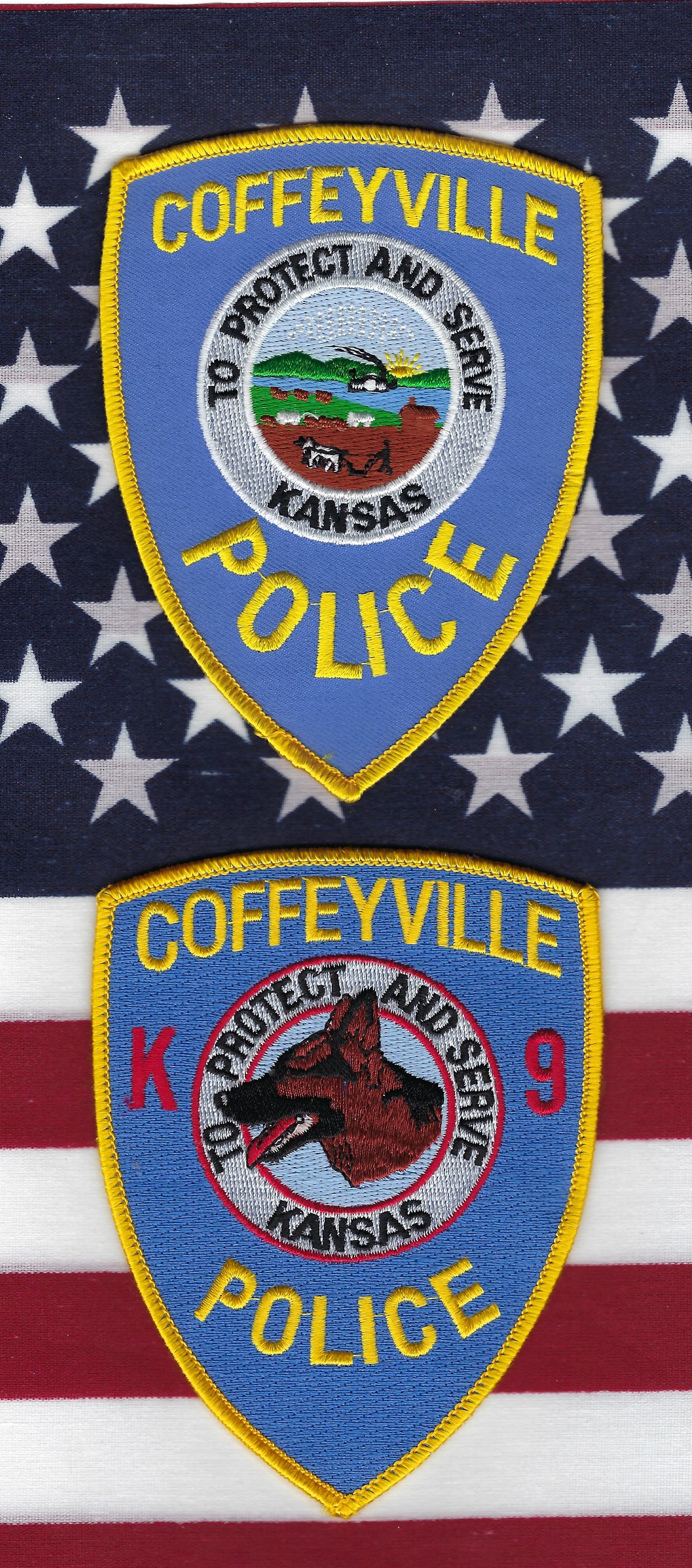COFFEYVILLE, KANSAS POLICE DEPARTMENT 5-INCH K-9 UNIT' EMBROIDERED PATCHES BY PUBLIC SAFETY COLLECTIBLES.