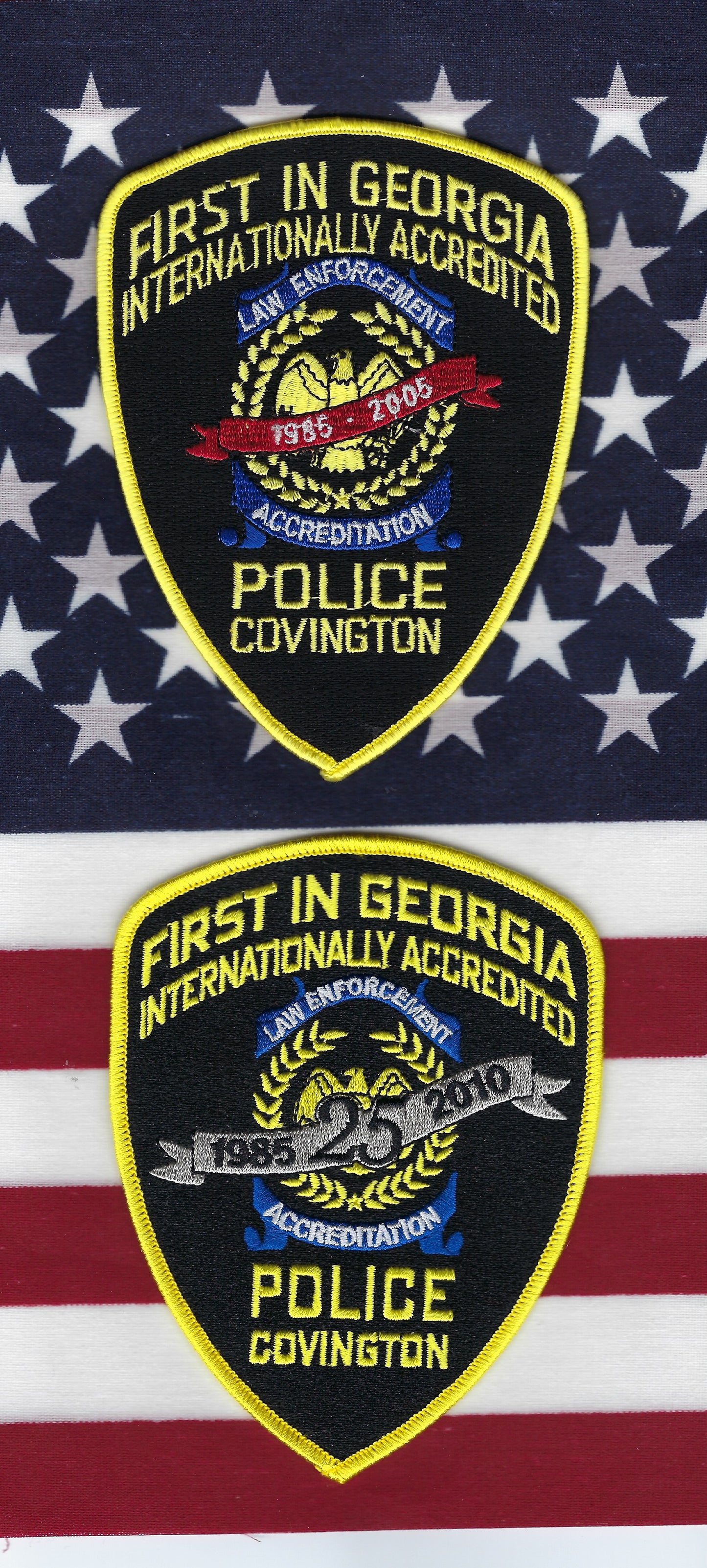 COVINGTON, GEORGIA POLICE DEPARTMENT 5-INCH 'ANNIVERSARY' EMBROIDERED PATCHES BY PUBLIC SAFETY COLLECTIBLES.