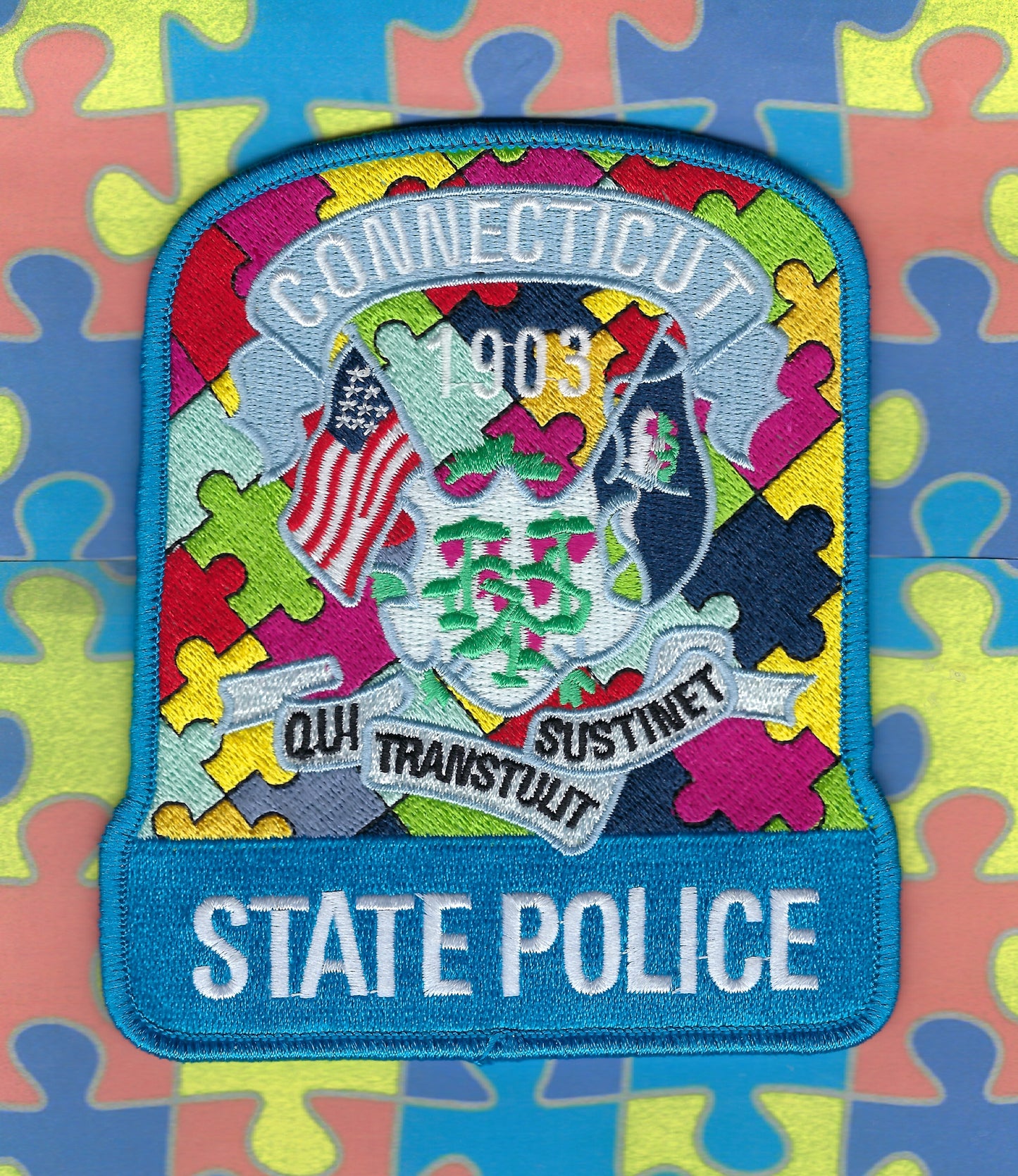 CONNECTICUT STATE POLICE (CTSP) DEPT 'AUTISM AWARENESS' EMBROIDERED PATCH BY ZOMBIE PATCH PRODUCTIONS.