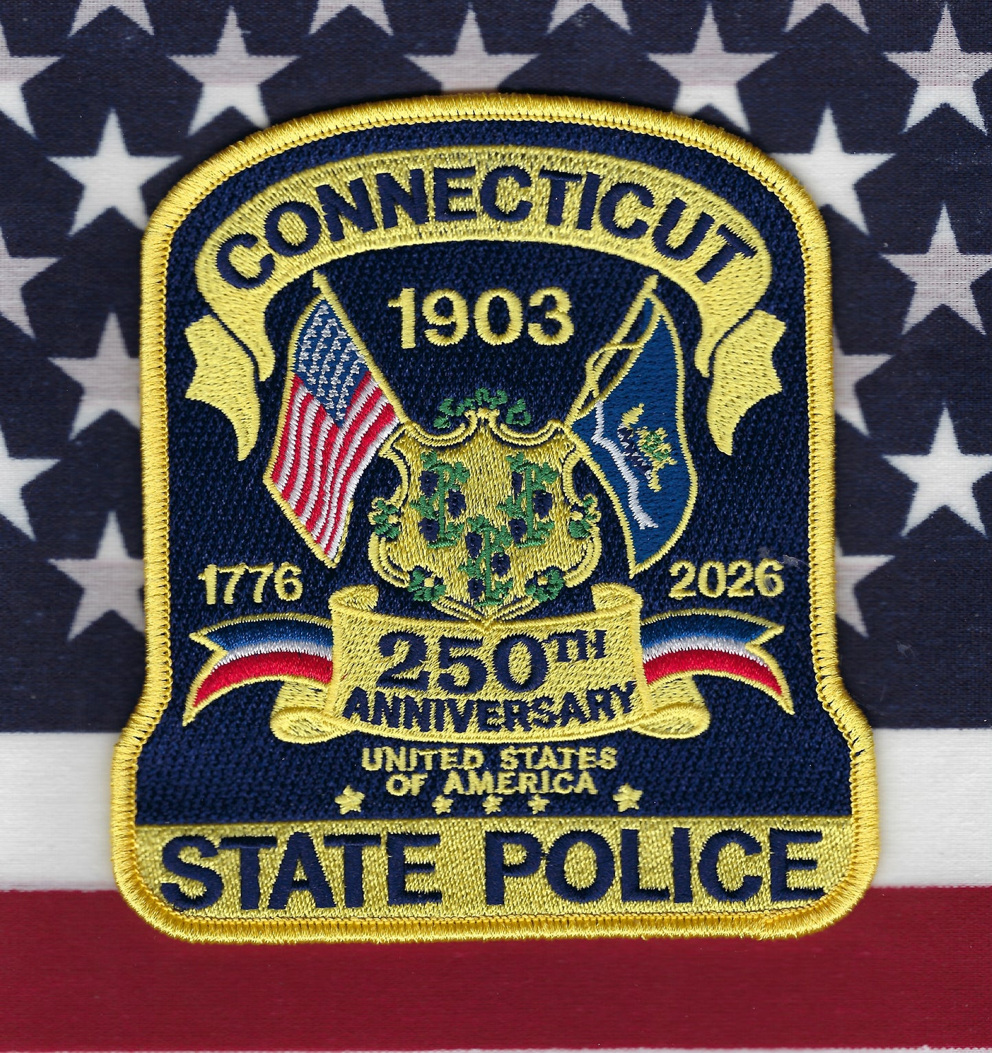 CONNECTICUT STATE POLICE (CTSP) DEPT 'USA 250TH ANNIVERSARY' EMBROIDERED PATCH BY ZOMBIE PATCH PRODUCTIONS.