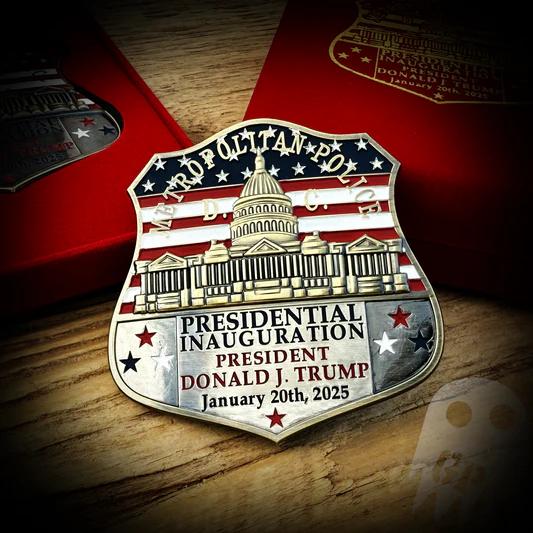METROPOLITAN POLICE DEPARTMENT (DCPD) 3-INCH 2025 TRUMP INAUGURATION METAL BADGE IN A BEAUTIFUL EMBOSSED RED VELVET DISPLAY CASE, A BEAUTIFUL MAGA KEEPSAKE.