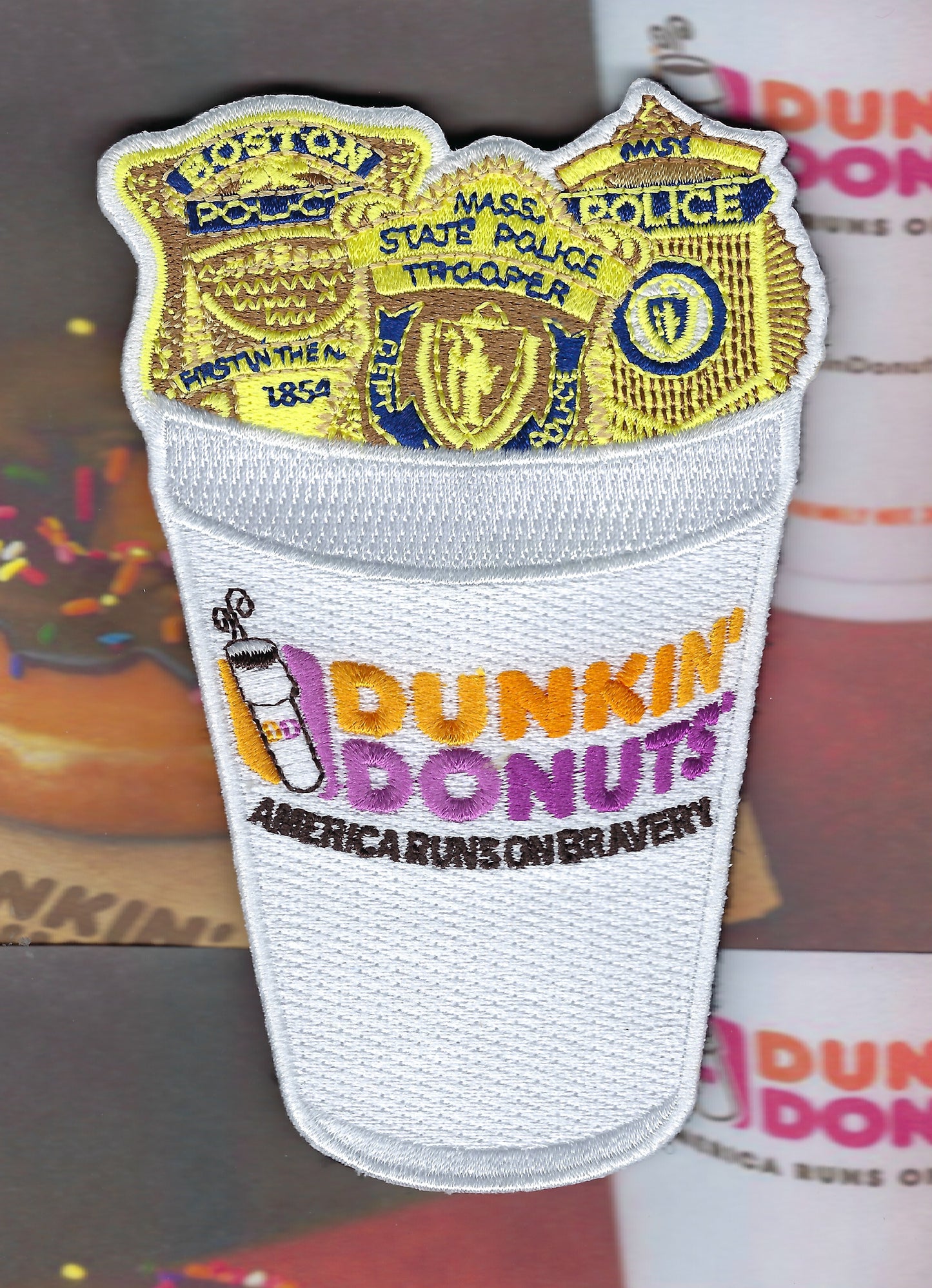 DUNKIN' DONUTS LIMITED EDITION 5-INCH MASSACHUSETTS POLICE DEPARTMENTS EMBROIDERED PATCH BY PUBLIC SAFETY COLLECTIBLES.