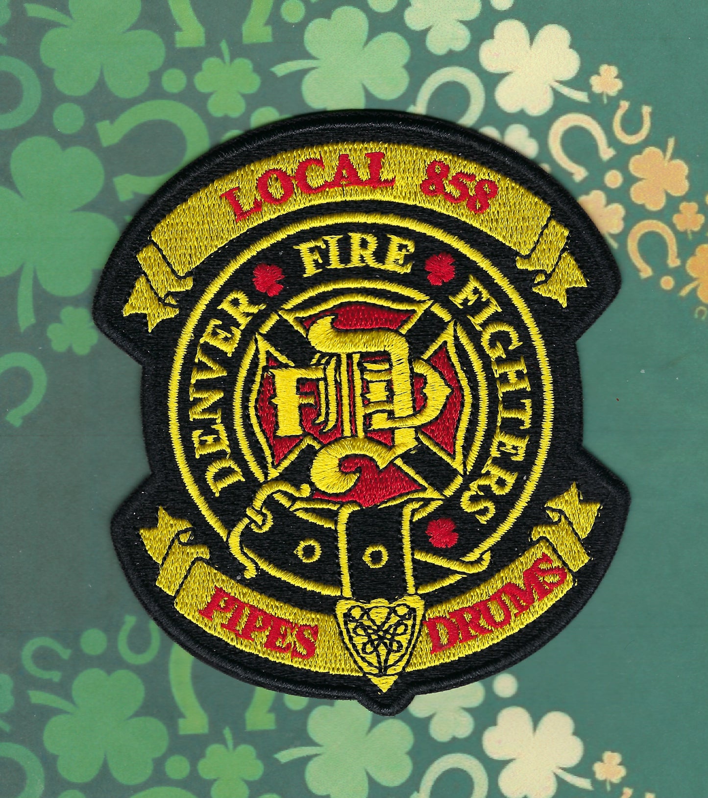 DENVER, COLORADO FIRE FIGHTERS LOCAL 858 4-INCH PIPES AND DRUMS EMBROIDERED PATCH BY PUBLIC SAFETY COLLECTIBLES.