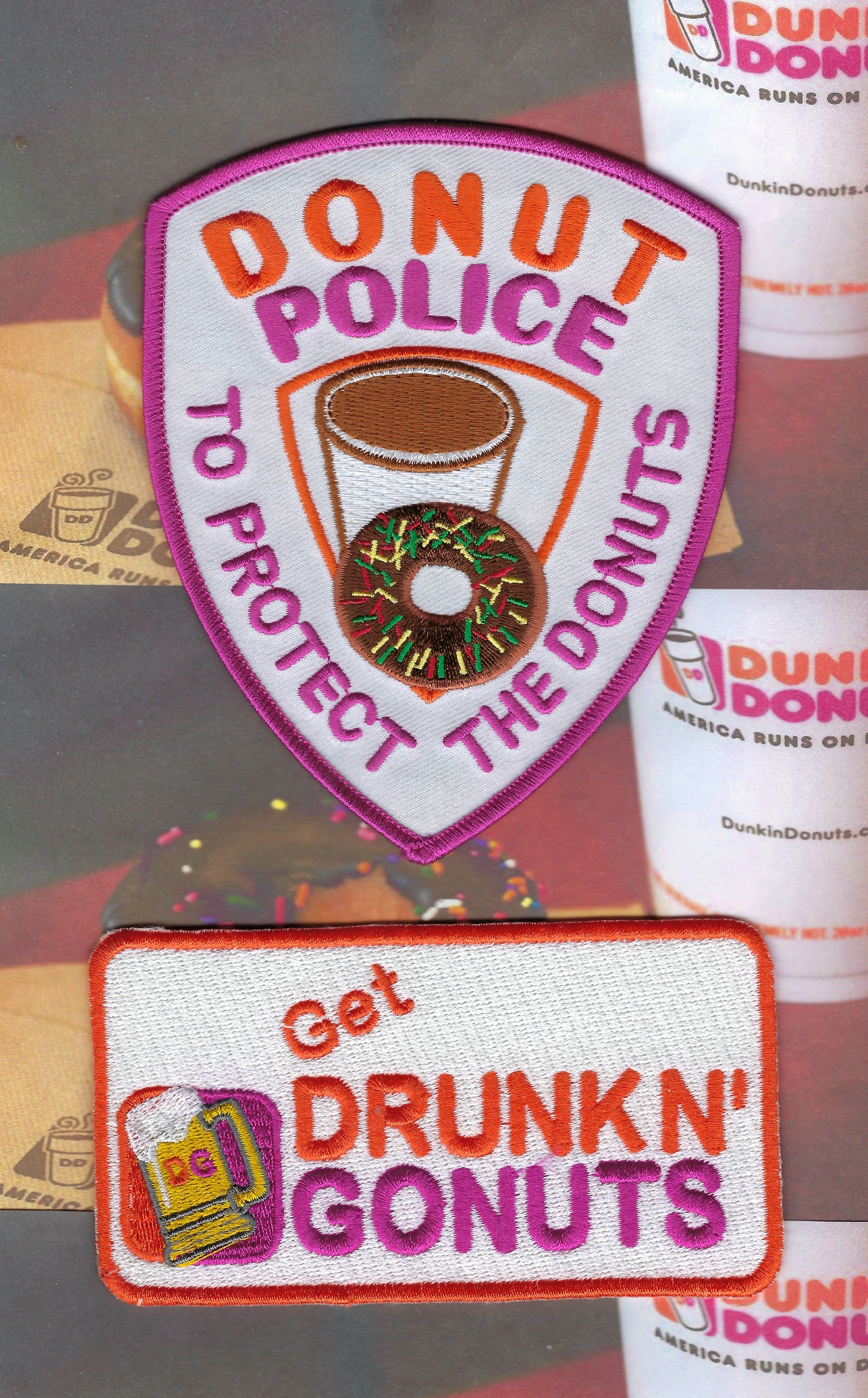 DONUT POLICE DEPARTMENT 'GET DRUNKN' GONUTS' EMBROIDERED NOVELTY PATCHES DESIGNED AND PRODUCED BY PUBLIC SAFETY COLLECTIBLES.