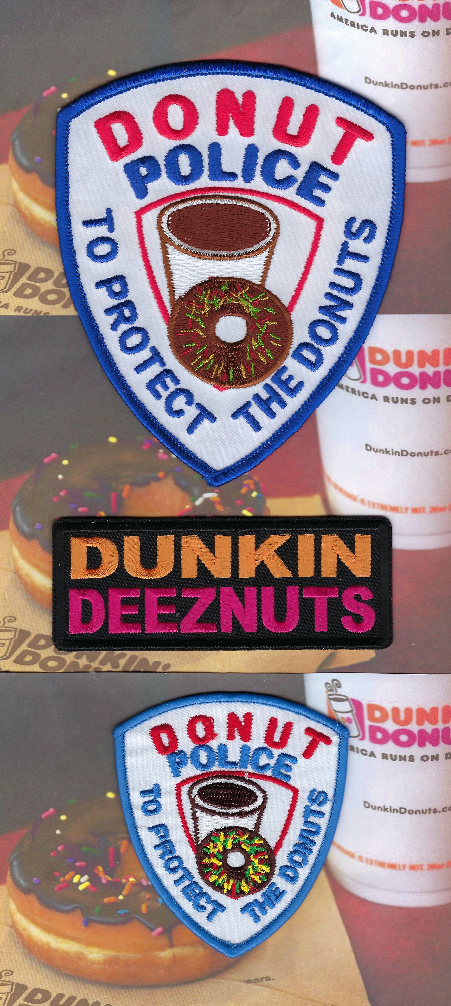 DONUT POLICE DEPARTMENT SUPERIOR QUALITY LIMITED EDITION 5-INCH, 3-INCH AND 4-INCH x 1.5 INCH EMBROIDERED NOVELTY PATCHES DESIGNED AND PRODUCED BY PUBLIC SAFETY COLLECTIBLES.