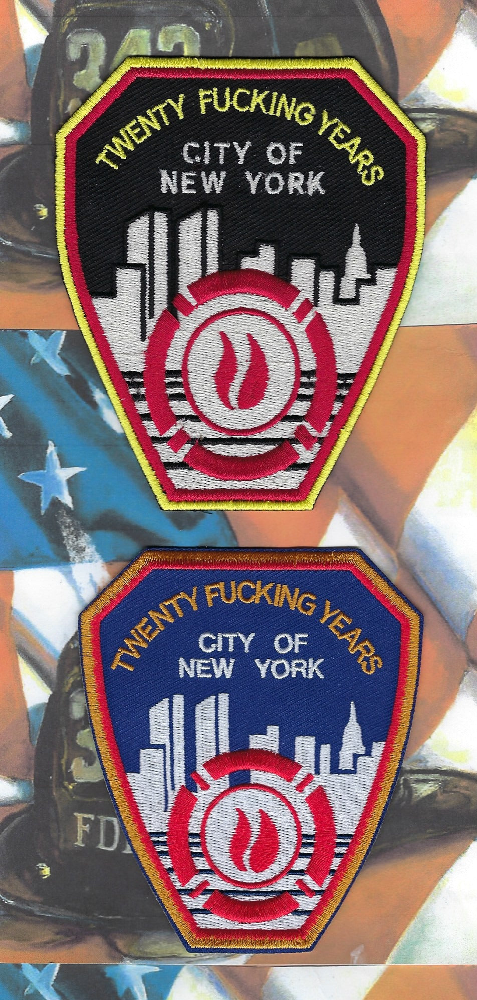 NEW YORK CITY FIRE DEPT (FDNY) TWENTY FU...NG YEARS RETIRED EMBROIDERED PATCHES DESIGNED AND PRODUCED BY PUBLIC SAFETY COLLECTIBLES.