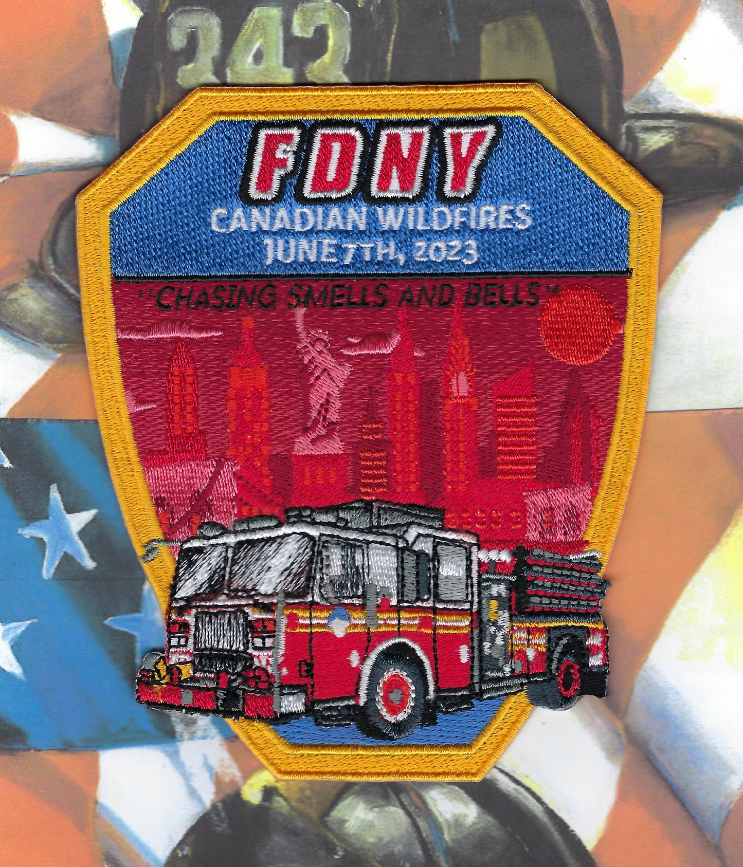 NEW YORK CITY FIRE DEPARTMENT (FDNY) CANADIAN WILDFIRES ( JUNE 7th 2023 ) 'CHASING SMELLS AND BELLS' EMBROIDERED TRIBUTE PATCH BY UNDERDOG PATCH DESIGNS