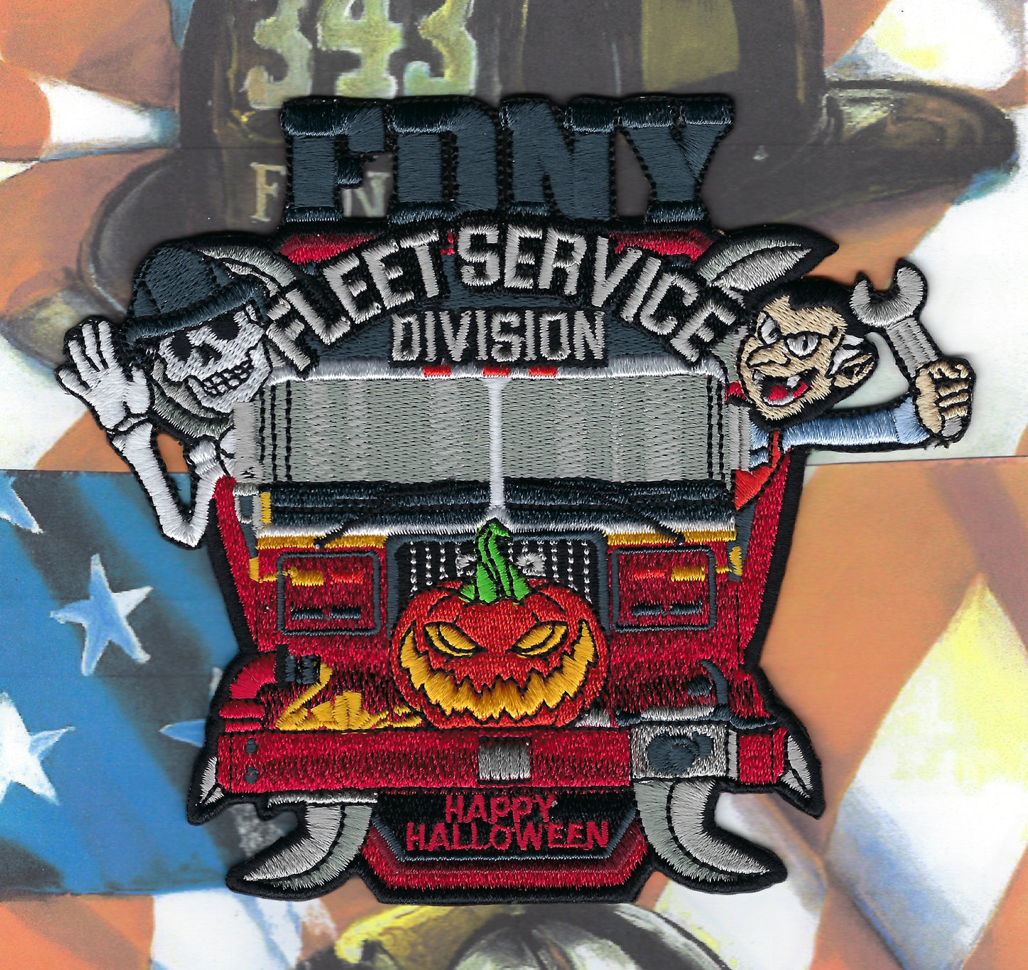 NEW YORK CITY FIRE DEPARTMENT (FDNY) FLEET SERVICE DIVISION 'HAPPY HALLOWEEN' EMBROIDERED PATCH DESIGNED AND PRODUCED BY UNDERDOG PATCH DESIGNS