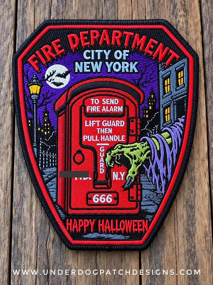 NEW YORK CITY FIRE DEPT (FDNY) 'HAPPY HALLOWEEN FIRE ALARM BOX 6-6-6' EMBROIDERED PATCH DESIGNED AND PRODUCED BY UNDERDOG PATCH DESIGNS