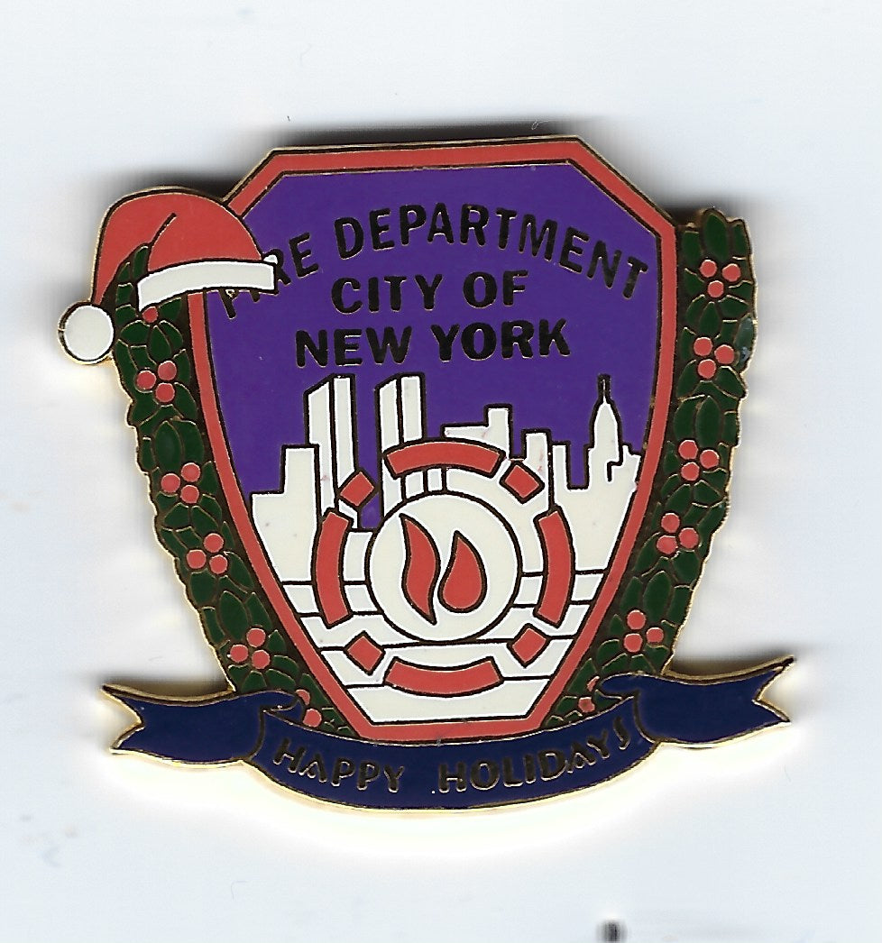 NEW YORK CITY FIRE DEPARTMENT (FDNY) 1.25 INCH 'HAPPY HOLIDAYS' PIN BY PUBLIC SAFETY COLLECTIBLES.