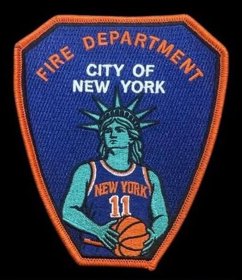 NEW YORK CITY FIRE DEPARTMENT (FDNY) NEW YORK KNICKS EMBROIDERED TRIBUTE PATCH DESIHGNED AND PRODUCED BY UNDERDOG PATCH PRODUCTIONS.