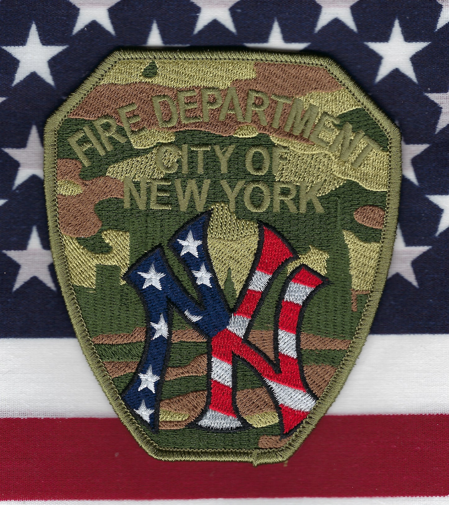 NEW YORK CITY FIRE DEPARTMENT (FDNY) 'CAMOUFLAGE' NEW YORK YANKEES EMBROIDERED PATCH BY UNDERDOG PATCH DESIGNS.
