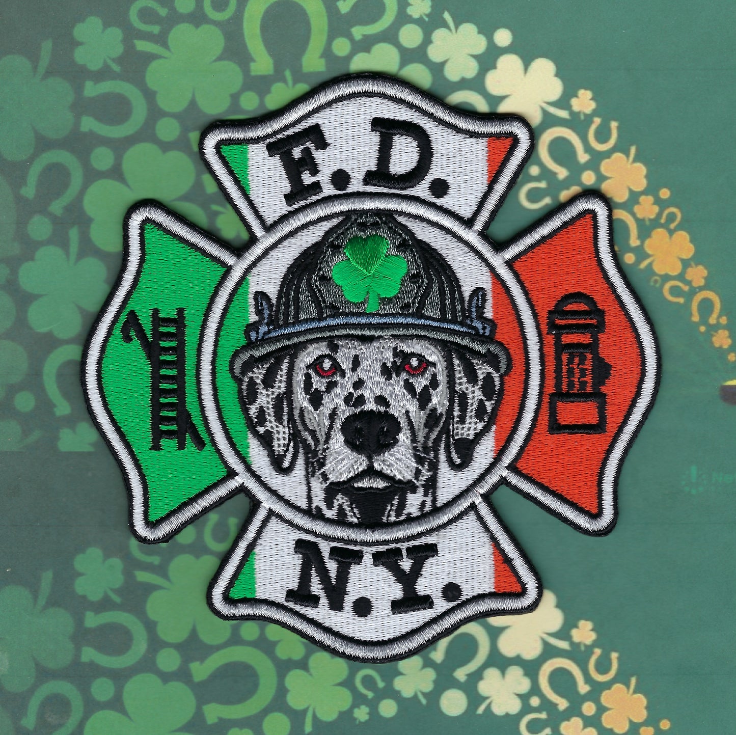 NEW YORK CITY FIRE DEPARTMENT (FDNY) SAINT PATRICK's DAY 5-INCH EMBROIDERED DALMATION PATCH BY UNDERDOG PATCH PRODUCTIONS.