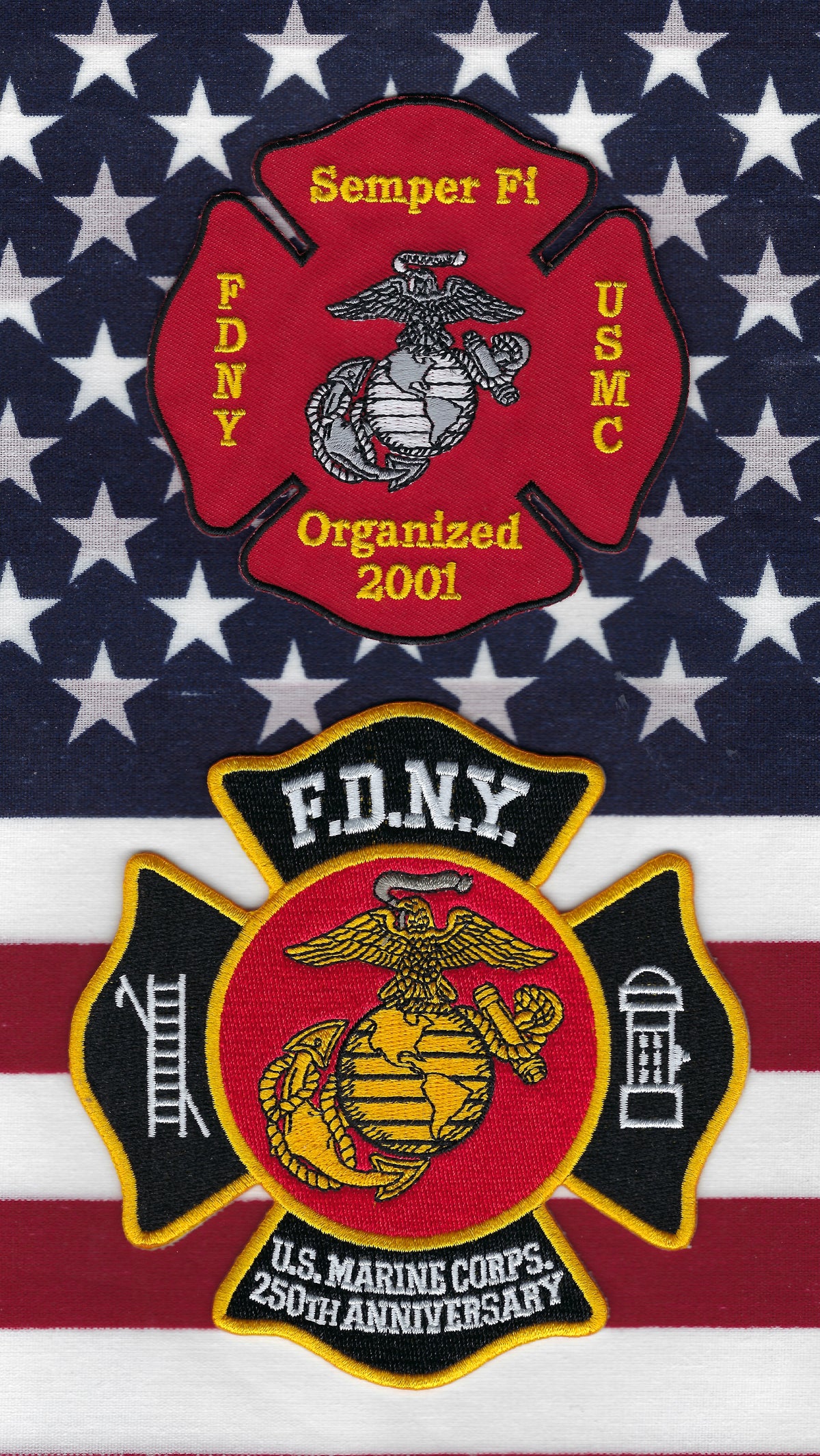 NEW YORK CITY FIRE DEPT (FDNY) 'UNITED STATES MARINE CORPS' EMBROIDERED TRIBUTE PATCH SET.