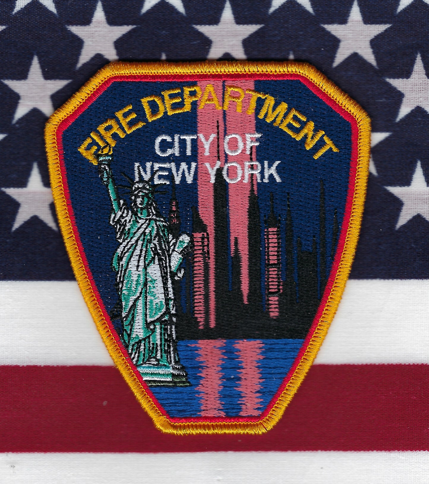 NEW YORK CITY FIRE DEPARTMENT (FDNY) WORLD TRADE CENTER EMBROIDERED 4-INCH TRIBUTE PATCH BY STEALTH PATCH PRODUCTIONS.