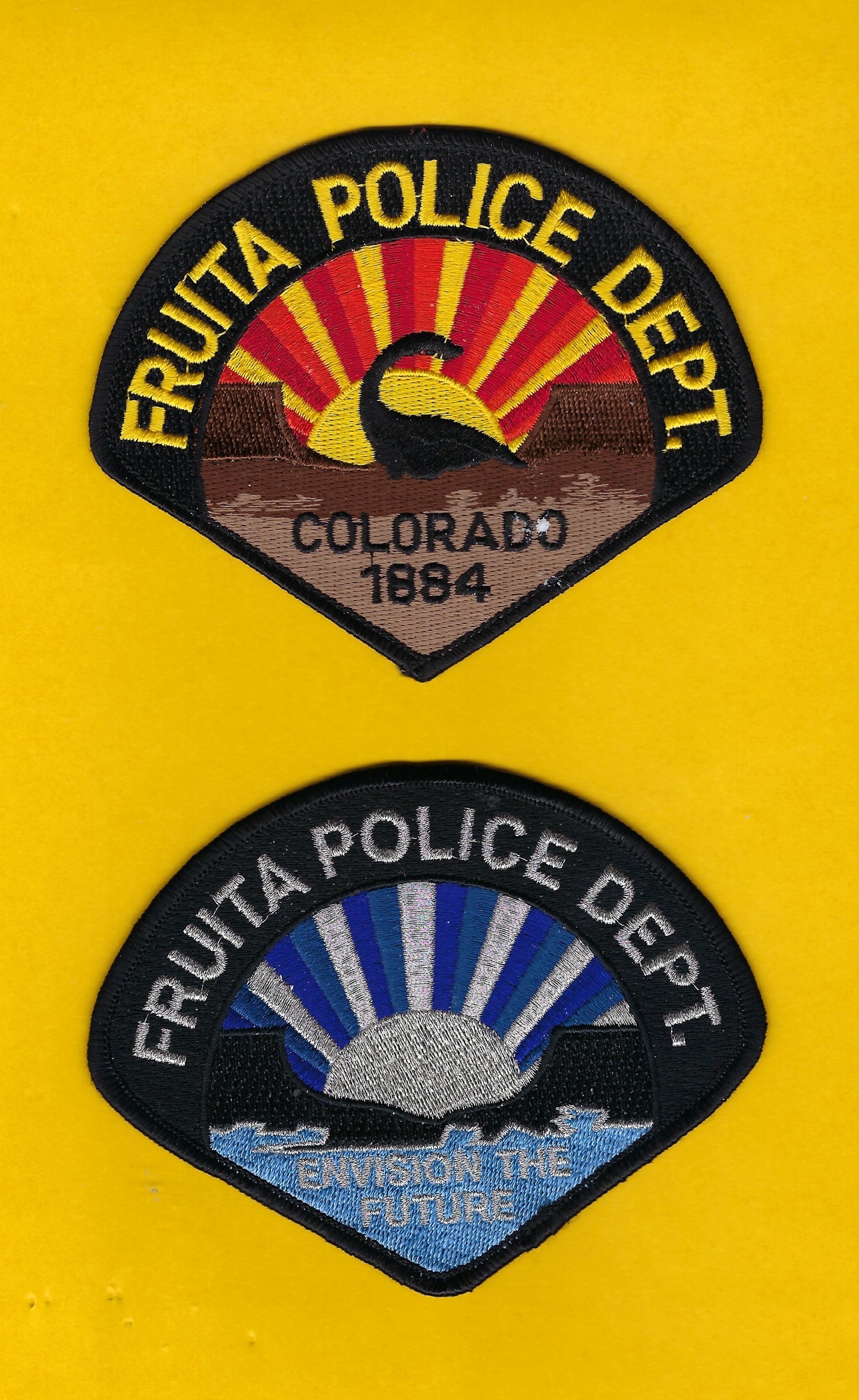 FRUITA, COLORADO POLICE DEPARTMENT 4.5 INCH x 4-INCH EMBROIDERED PATCHES BY PUBLIC SAFETY COLLECTIBLES.