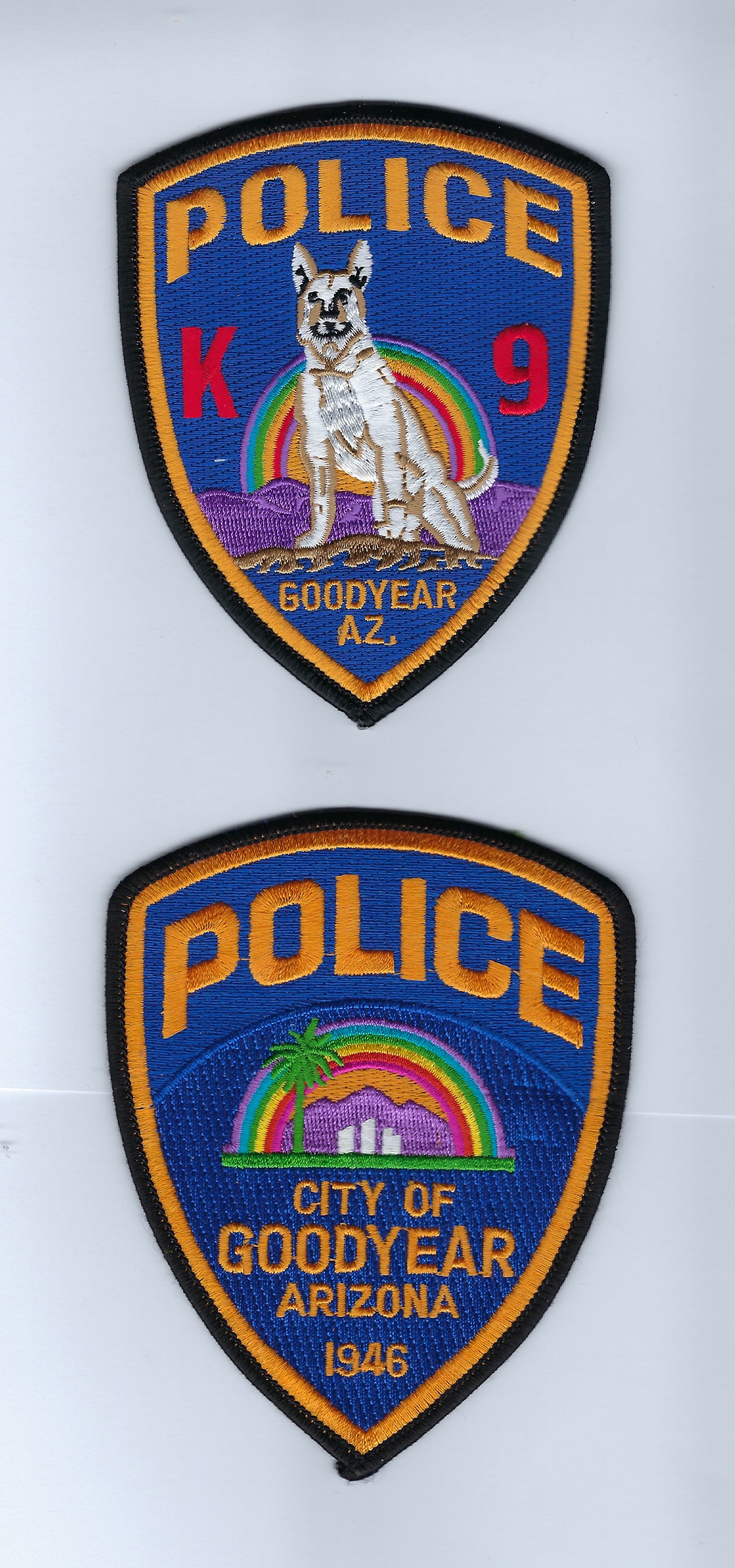 GOODYEAR, ARIZONA POLICE DEPARTMENT 4.75 INCH AND 4.5 INCH 'K-9 UNIT' EMBROIDERED PATCHES BY PUBLIC SAFETY COLLECTIBLES.