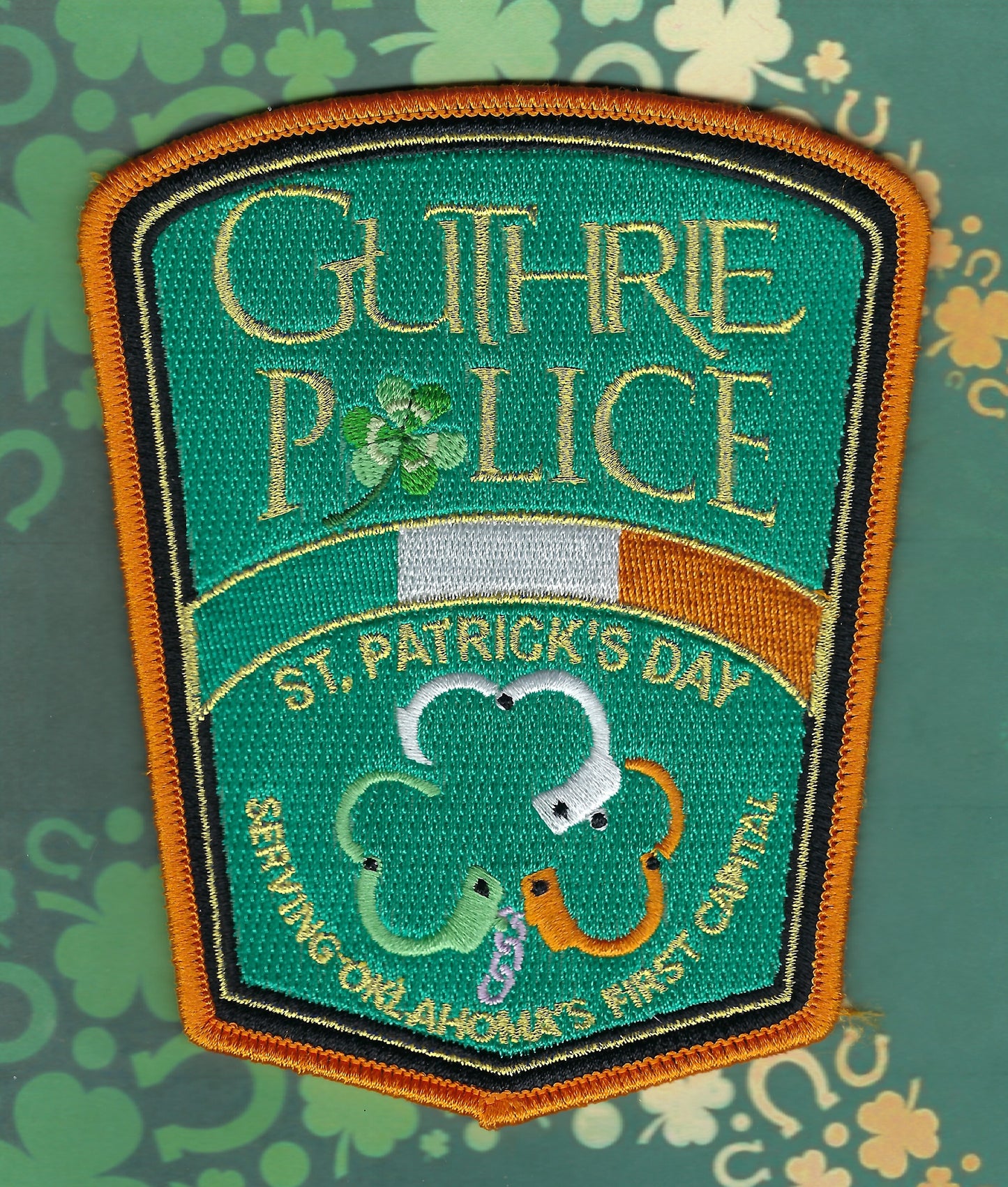 GUTHRIE, OKLAHOMA POLICE DEPARTMENT SAINT PATRICK'S DAY EMBROIDERED PATCH BY GHOST PATCH ENTERPRISES.