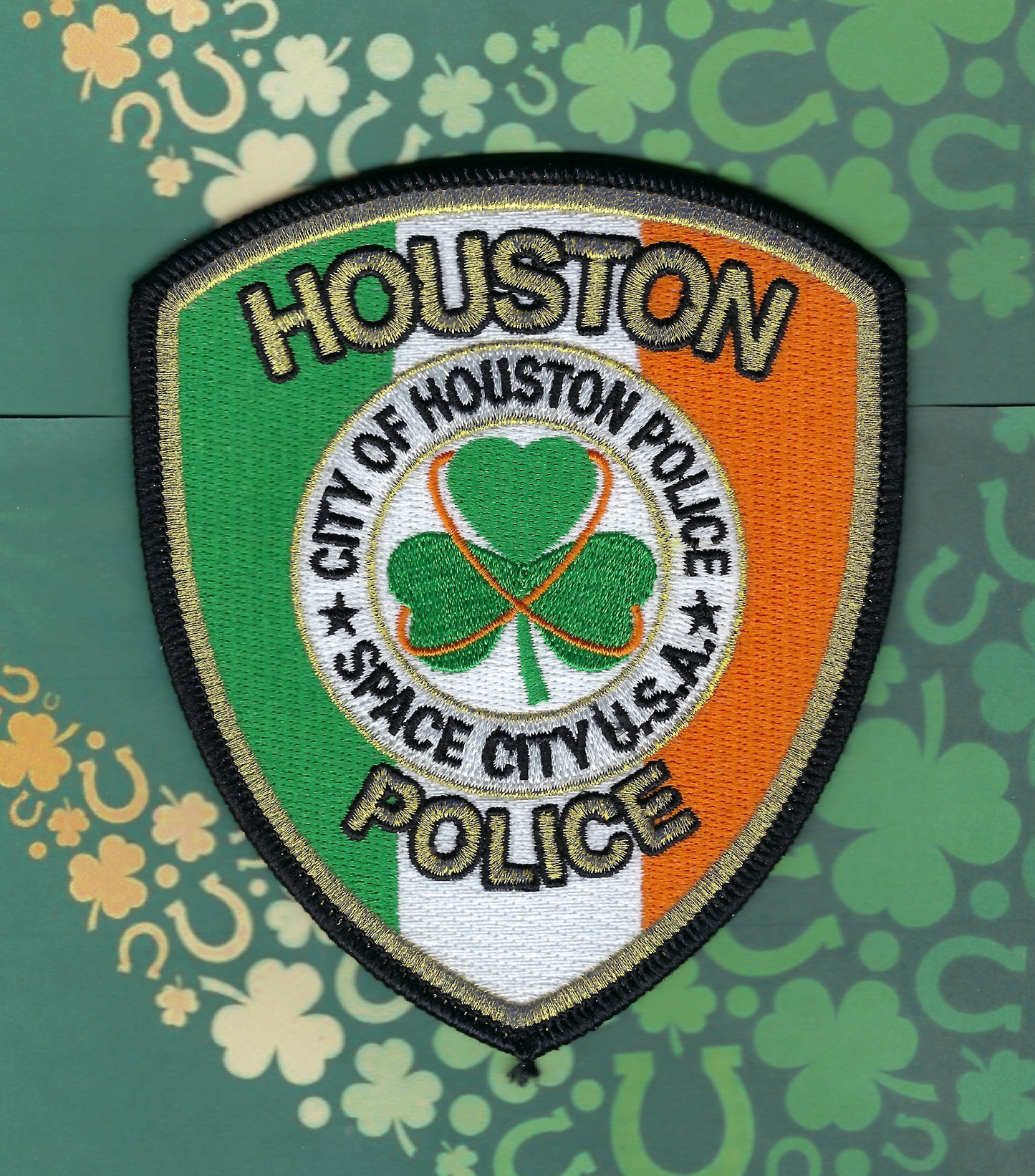 HOUSTON, TEXAS POLICE DEPARTMENT LIMITED EDITION 4.5 INCH SAINT PATRICK'S DAY EMBROIDERED PATCH BY GHOST PATCH ENTERPRISES.