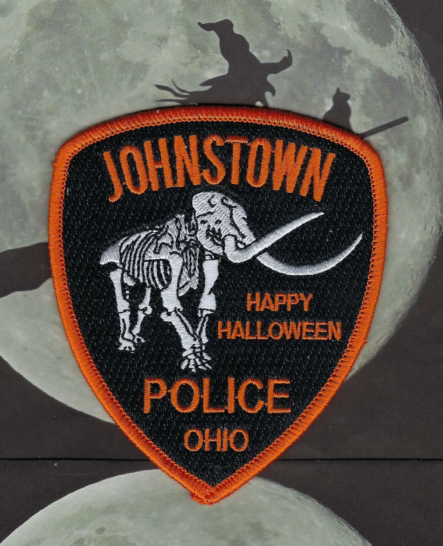 JOHNSTOWN, OHIO POLICE DEPARTMENT 4-INCH EMBROIDERED HALLOWEEN PATCH DESIGNED AND PRODUCED BY GHOST PATCH DESIGNS.