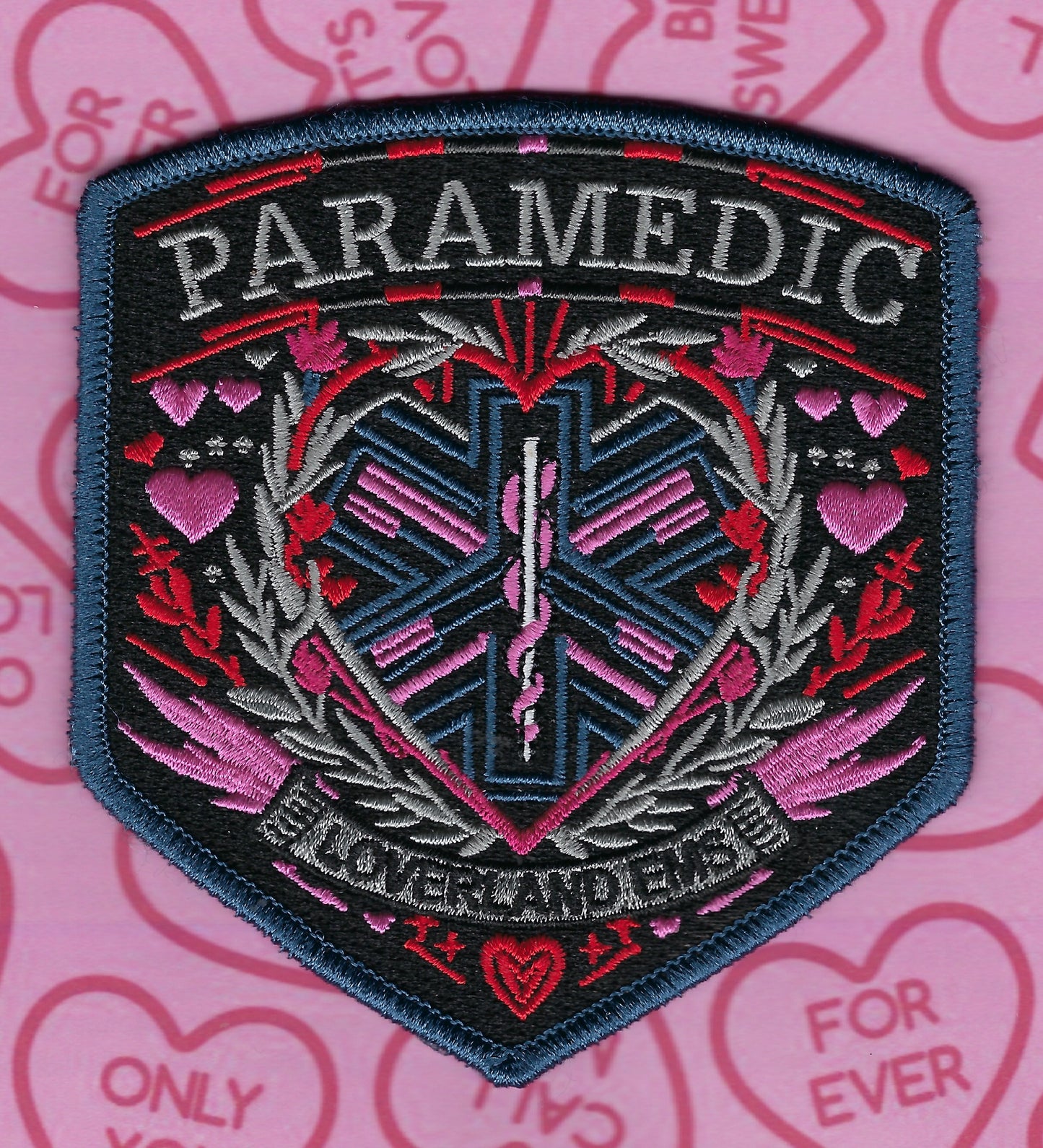 LOVERLAND EMS (VALENTINE'S DAY) DEPARTMENT PARAMEDIC EMBROIDERED PATCH BY GHOST PATCH ENTERPRISES.