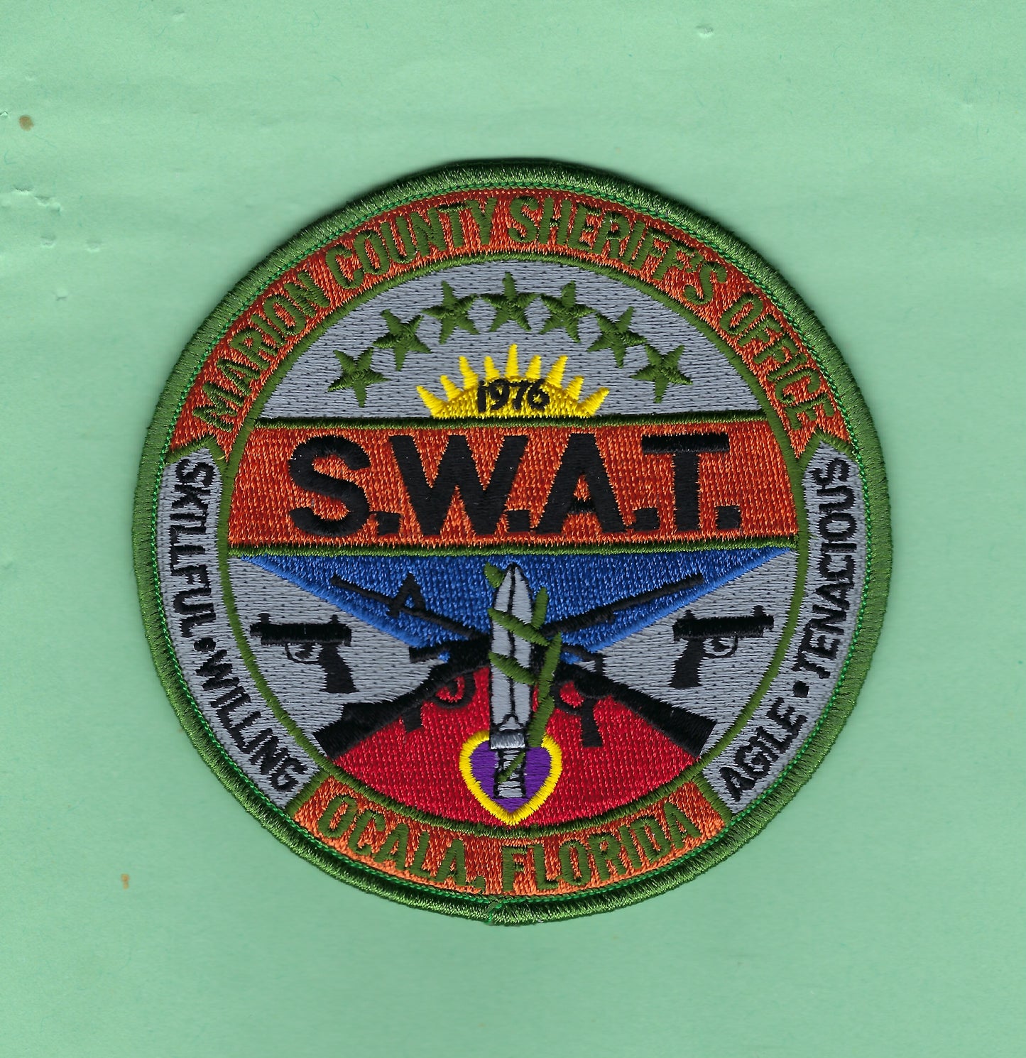 MARION COUNTY, FLORIDA SHERIFF'S OFFICE S.W.A.T. UNIT 4-INCH EMBROIDERED PATCH BY PUBLIC SAFETY COLLECTIBLES.